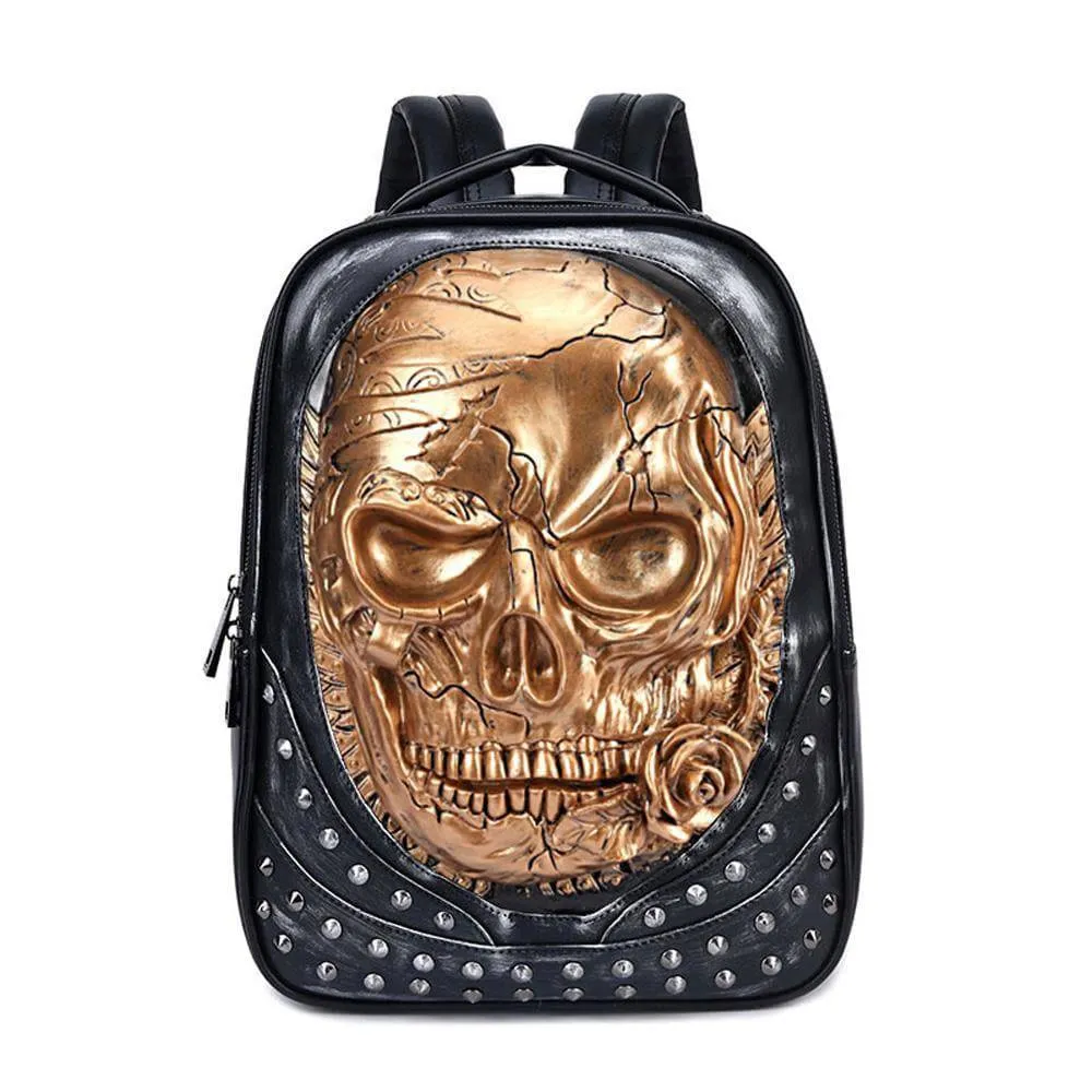 3D Studded Skull Backpack With Rose Laptop Computer Bags