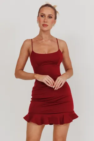 Aces Cami Strap Ruffle Hem Mini Bodycon Dress Wine