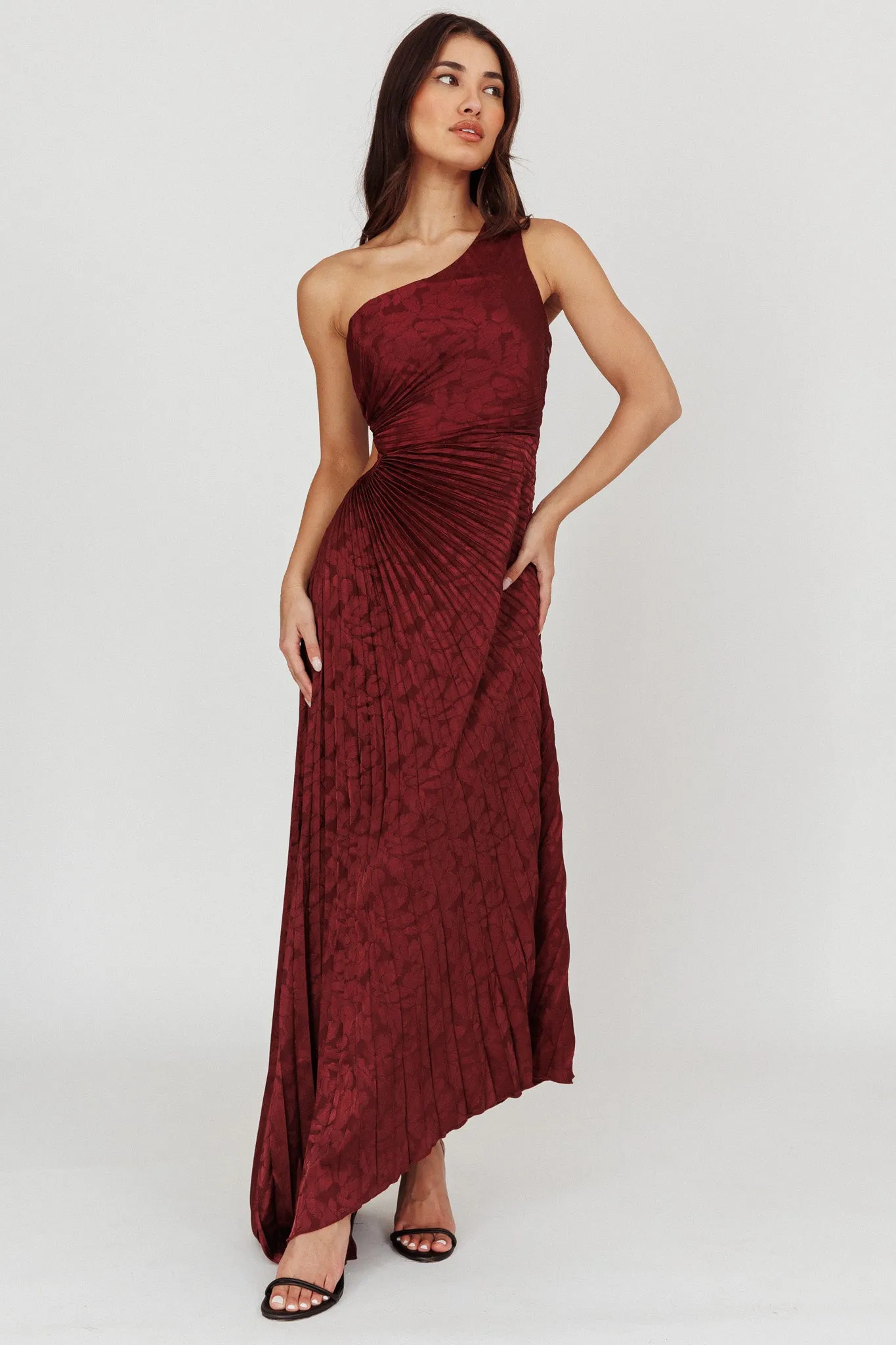 Amelie One-Shoulder Accordion Pleat Maxi Dress Merlot