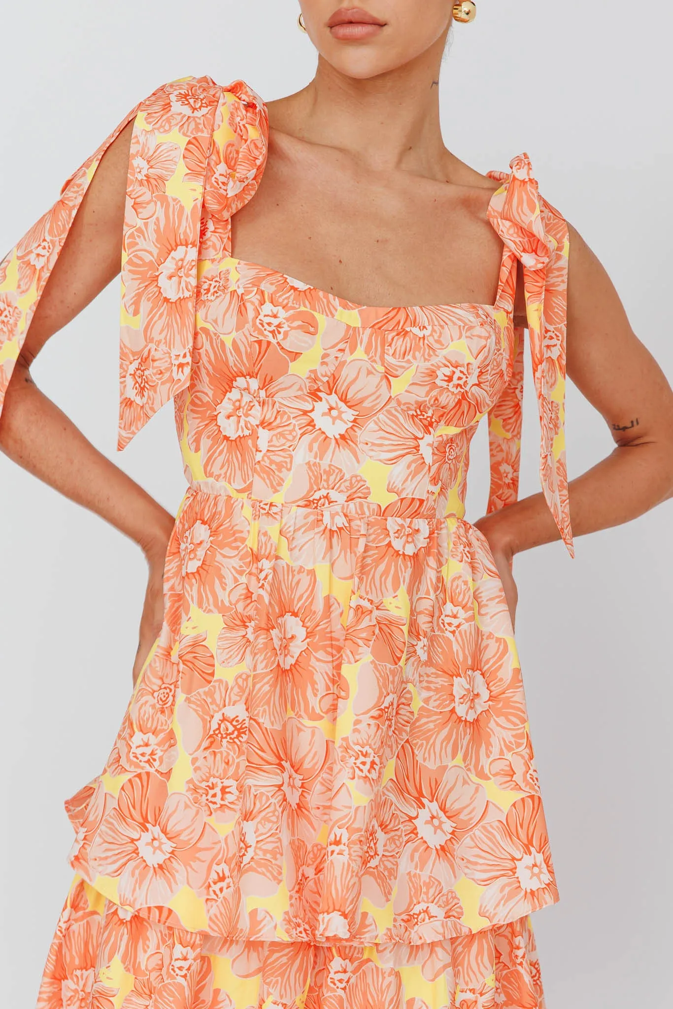 Arlowe Tied Shoulder Tiered Midi Dress Floral Orange