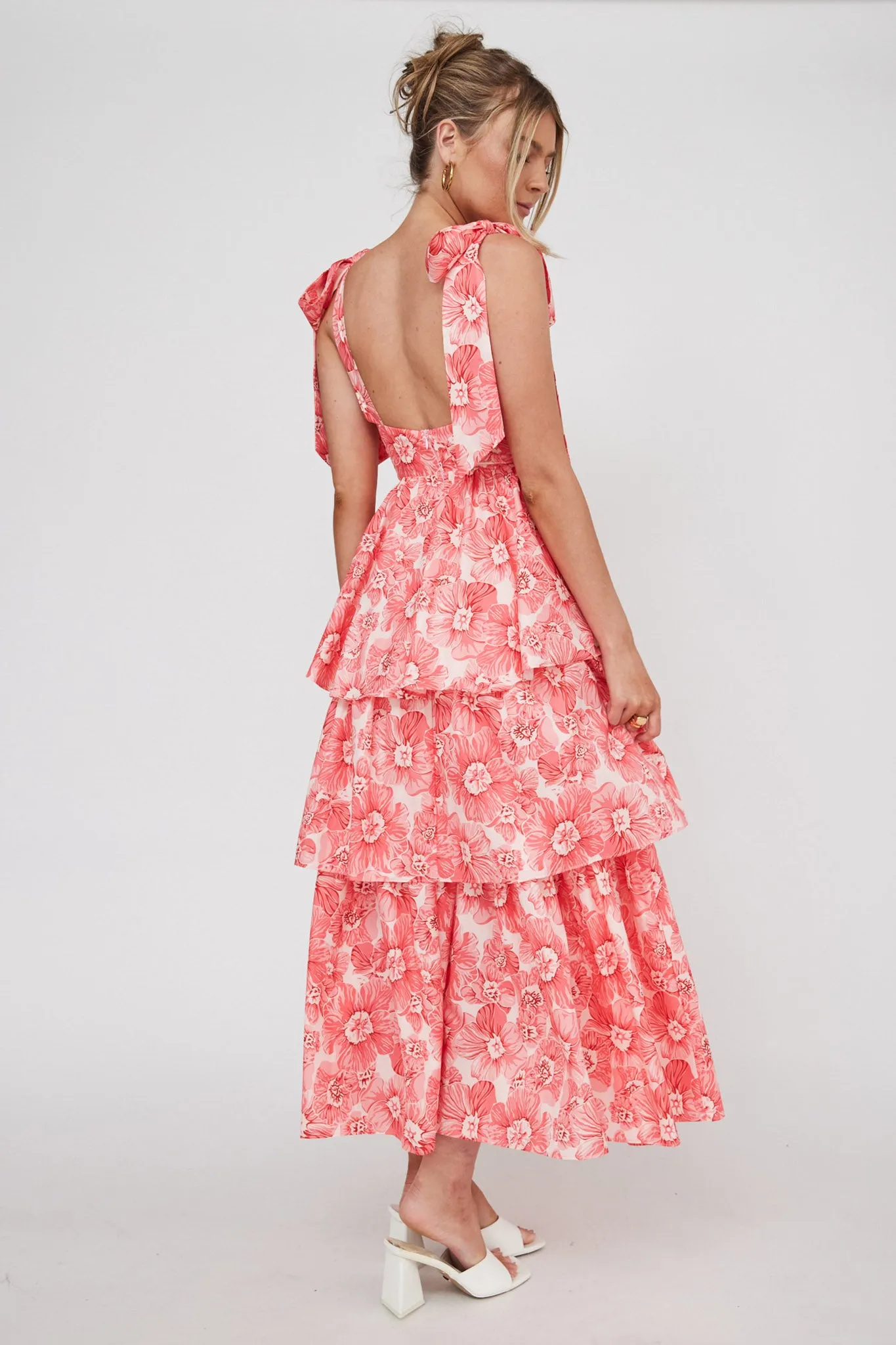 Arlowe Tied Shoulder Tiered Midi Dress Floral Pink