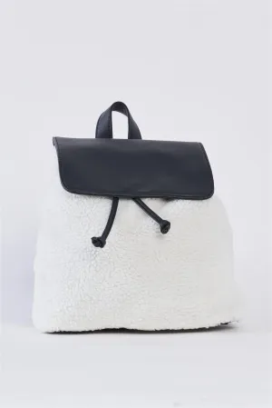 Black & White Flap Faux Fur Vegan Leather Draw String Tie Backpack /3 Pieces