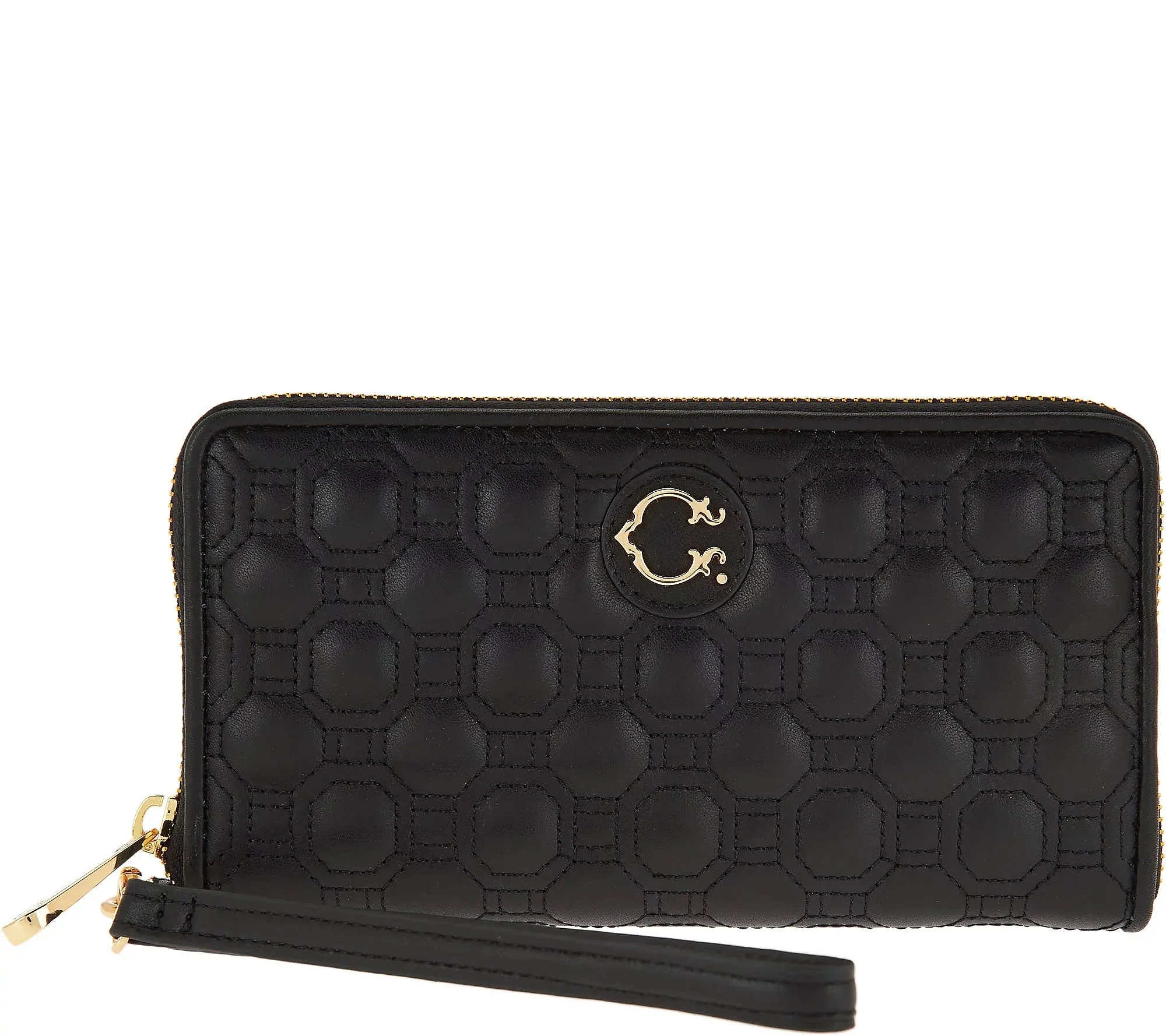 C. Wonder Nappa Leather Geo Quilted Zip Wristlet Wallet Black,