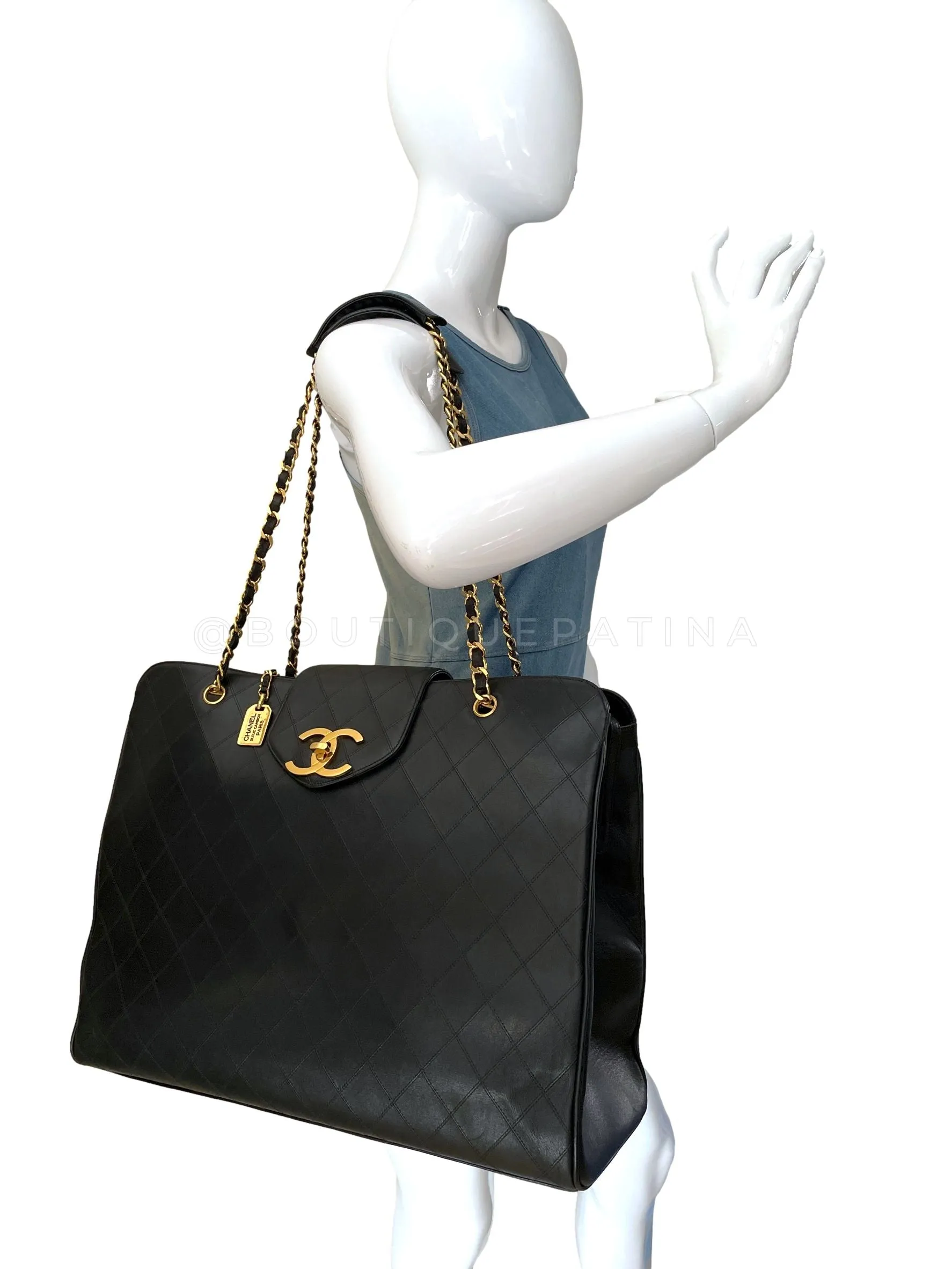 Chanel 1992 Vintage Black Weekender Supermodel XL Shopper Tote Bag 24k GHW