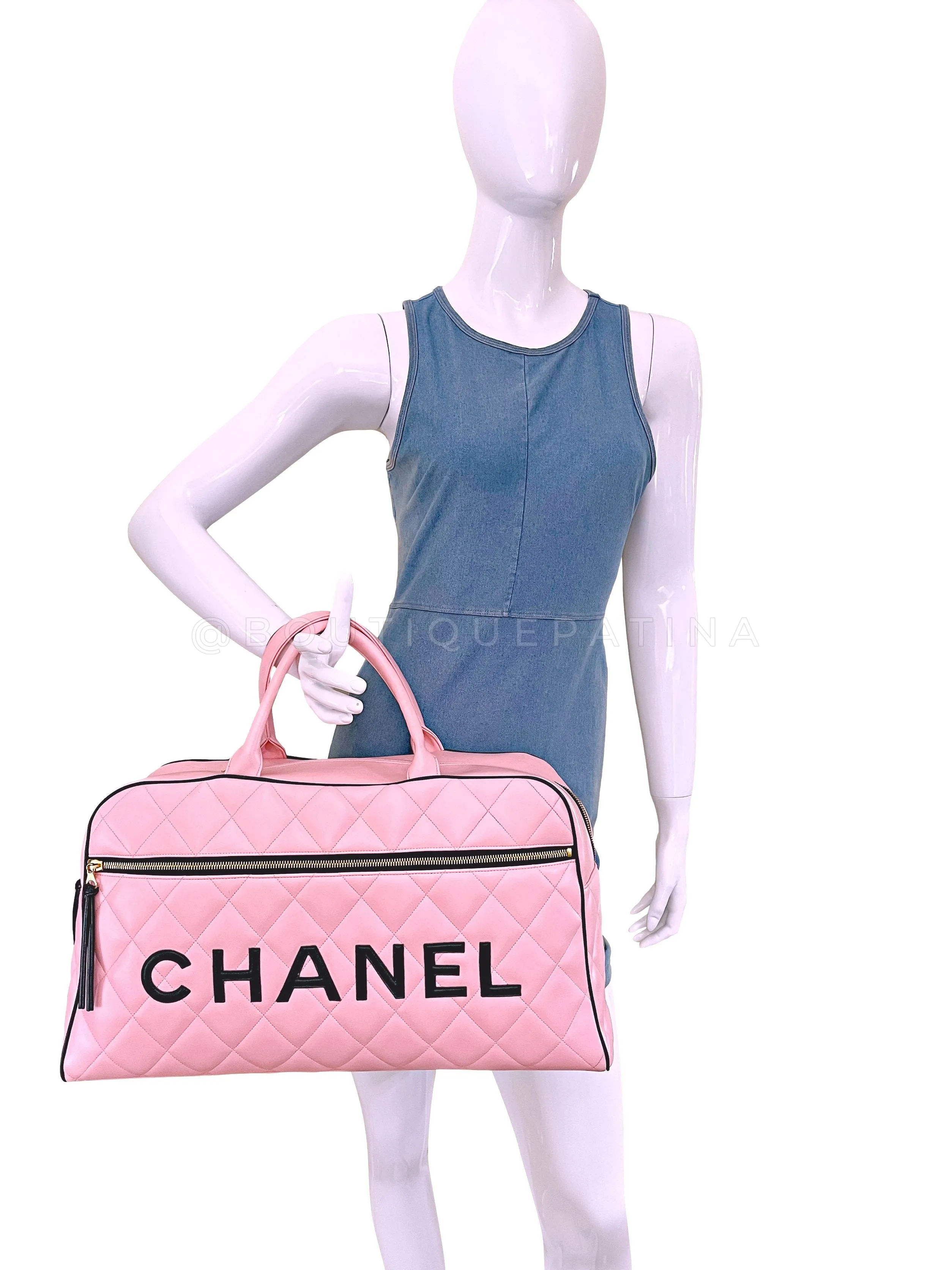 Chanel 1995 Vintage Pink XL Large Duffle Bowler Lettered Logo Bag