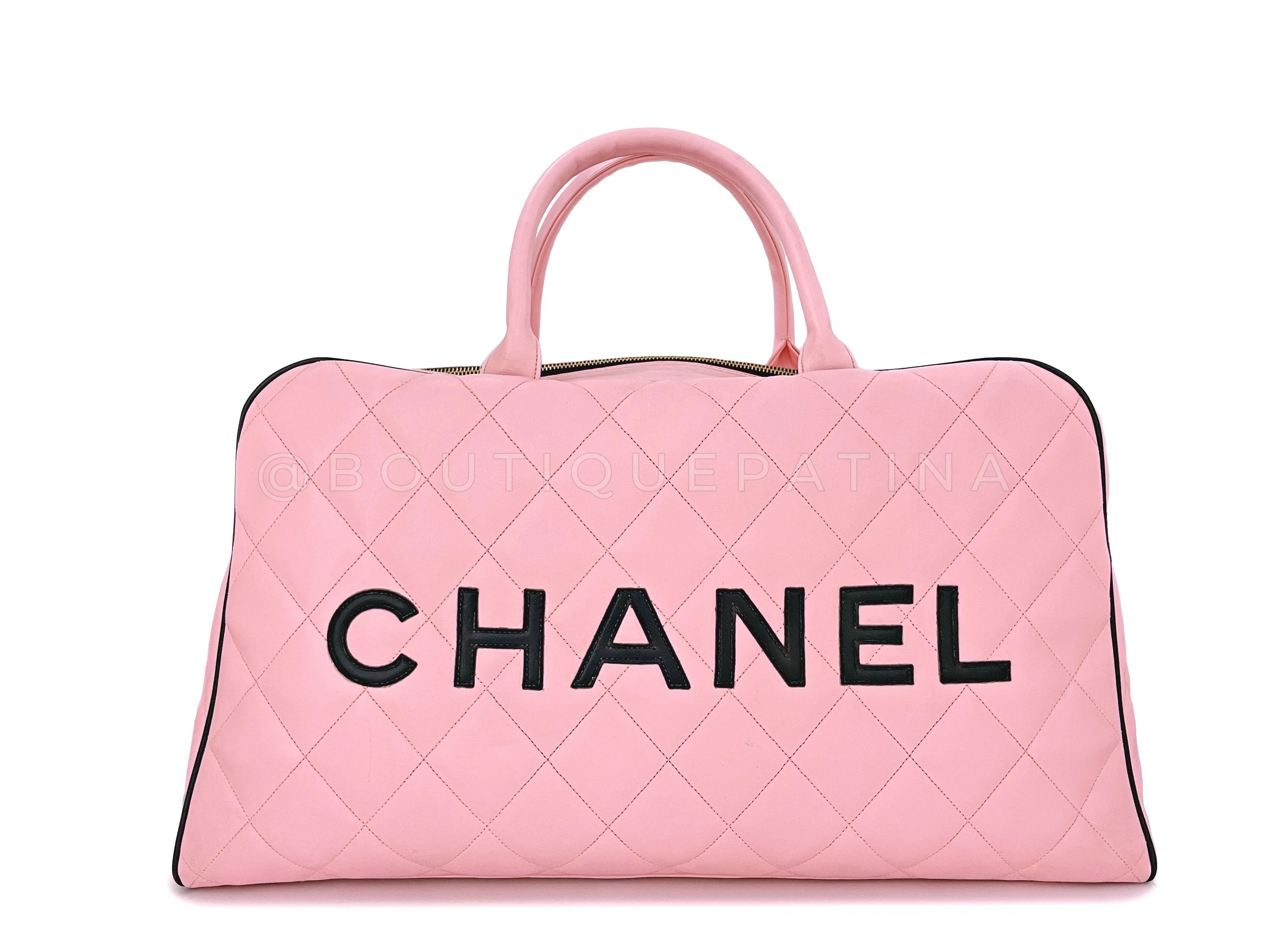 Chanel 1995 Vintage Pink XL Large Duffle Bowler Lettered Logo Bag