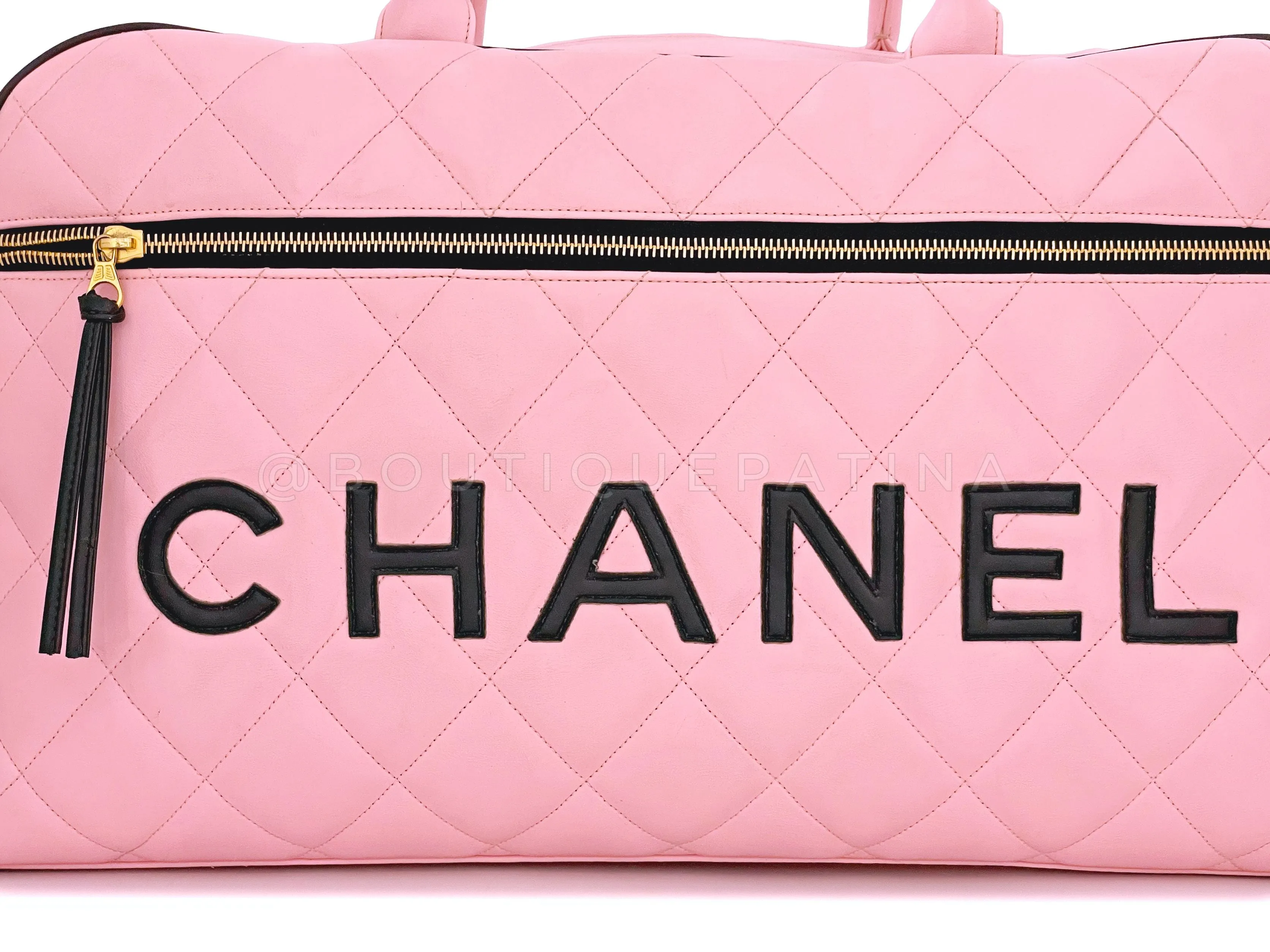 Chanel 1995 Vintage Pink XL Large Duffle Bowler Lettered Logo Bag