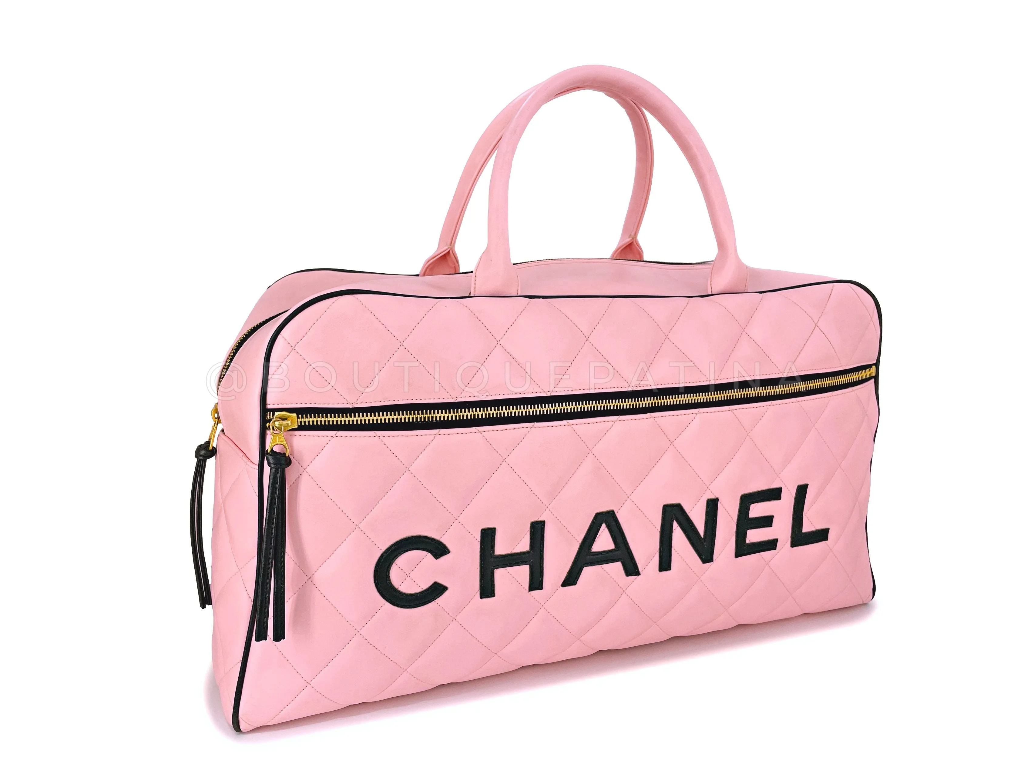 Chanel 1995 Vintage Pink XL Large Duffle Bowler Lettered Logo Bag