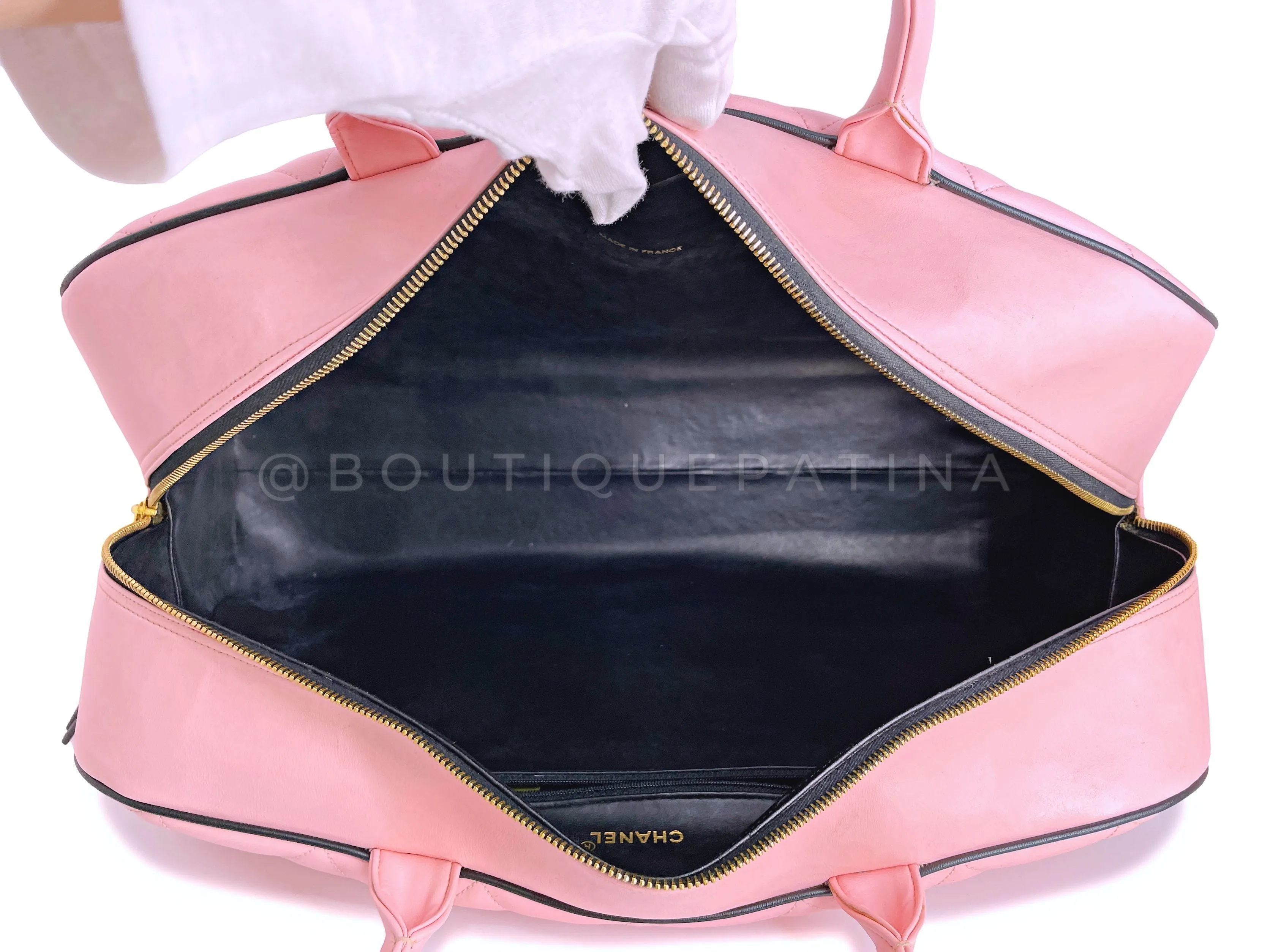 Chanel 1995 Vintage Pink XL Large Duffle Bowler Lettered Logo Bag