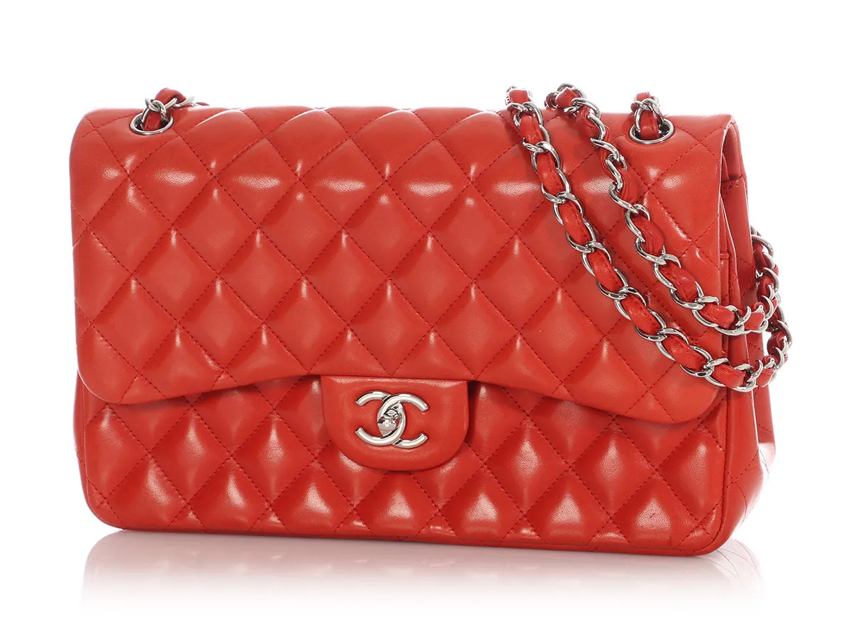 Chanel Jumbo Red-Orange Quilted Lambskin Classic Double Flap