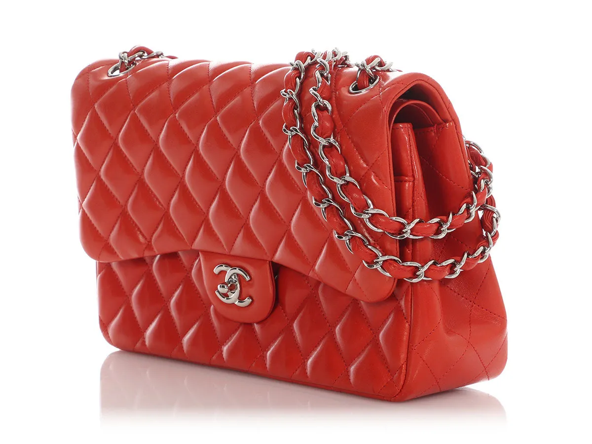 Chanel Jumbo Red-Orange Quilted Lambskin Classic Double Flap