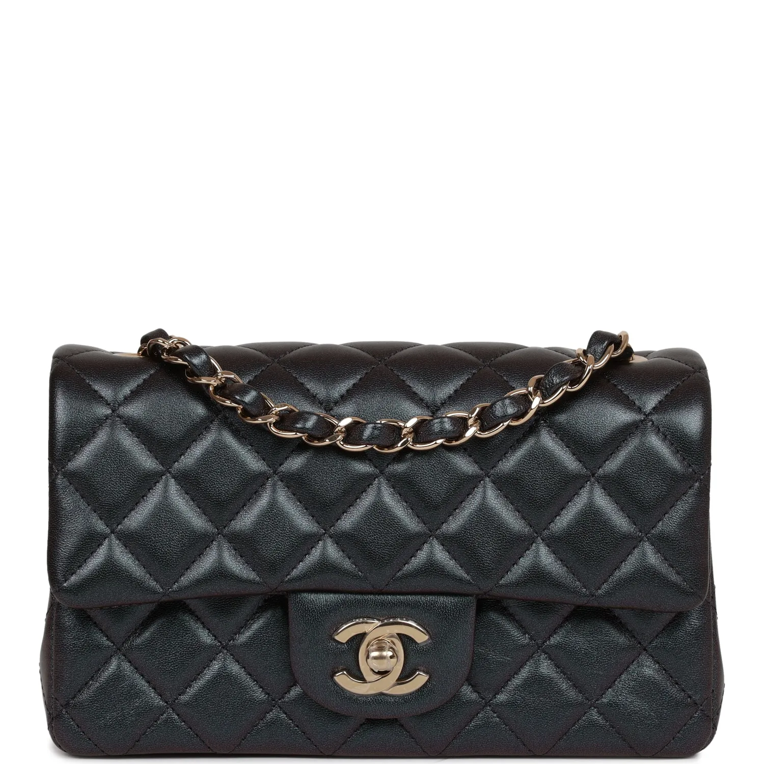 Chanel Mini Rectangular Flap Bag Black Metallic Lambskin Light Gold Hardware