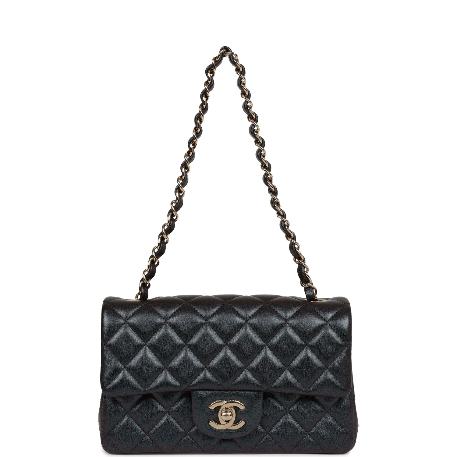 Chanel Mini Rectangular Flap Bag Black Metallic Lambskin Light Gold Hardware