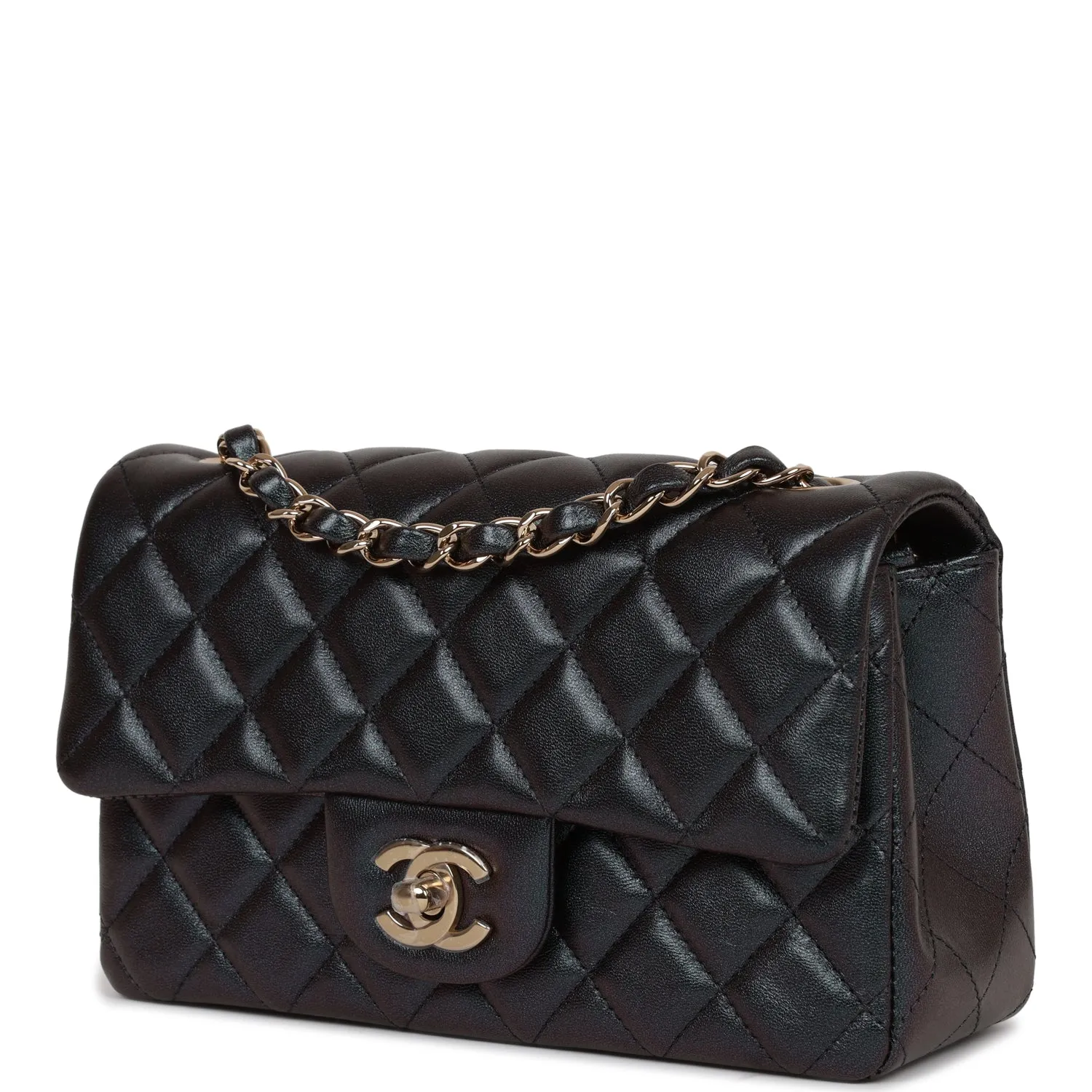 Chanel Mini Rectangular Flap Bag Black Metallic Lambskin Light Gold Hardware