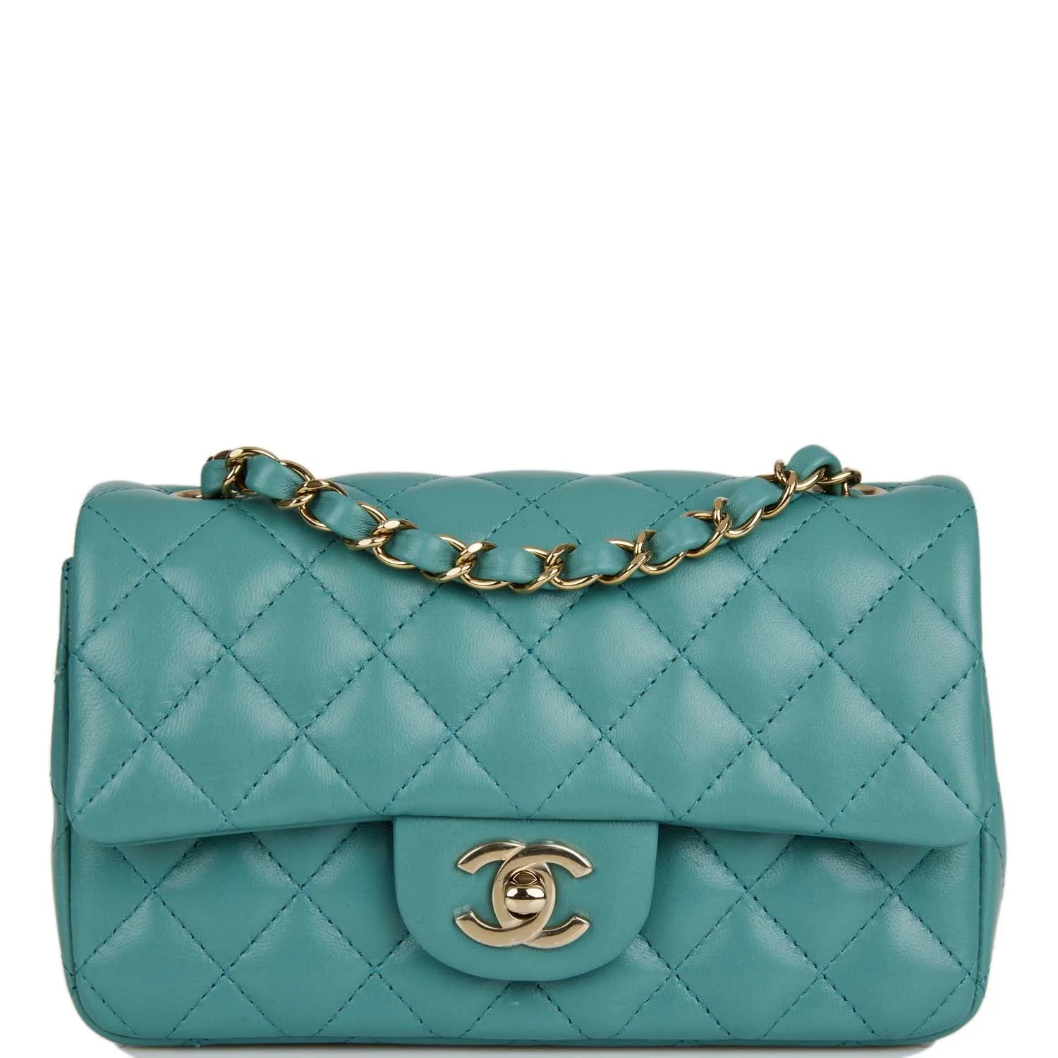 Chanel Mini Rectangular Flap Bag Turquoise Lambskin Light Gold Hardware