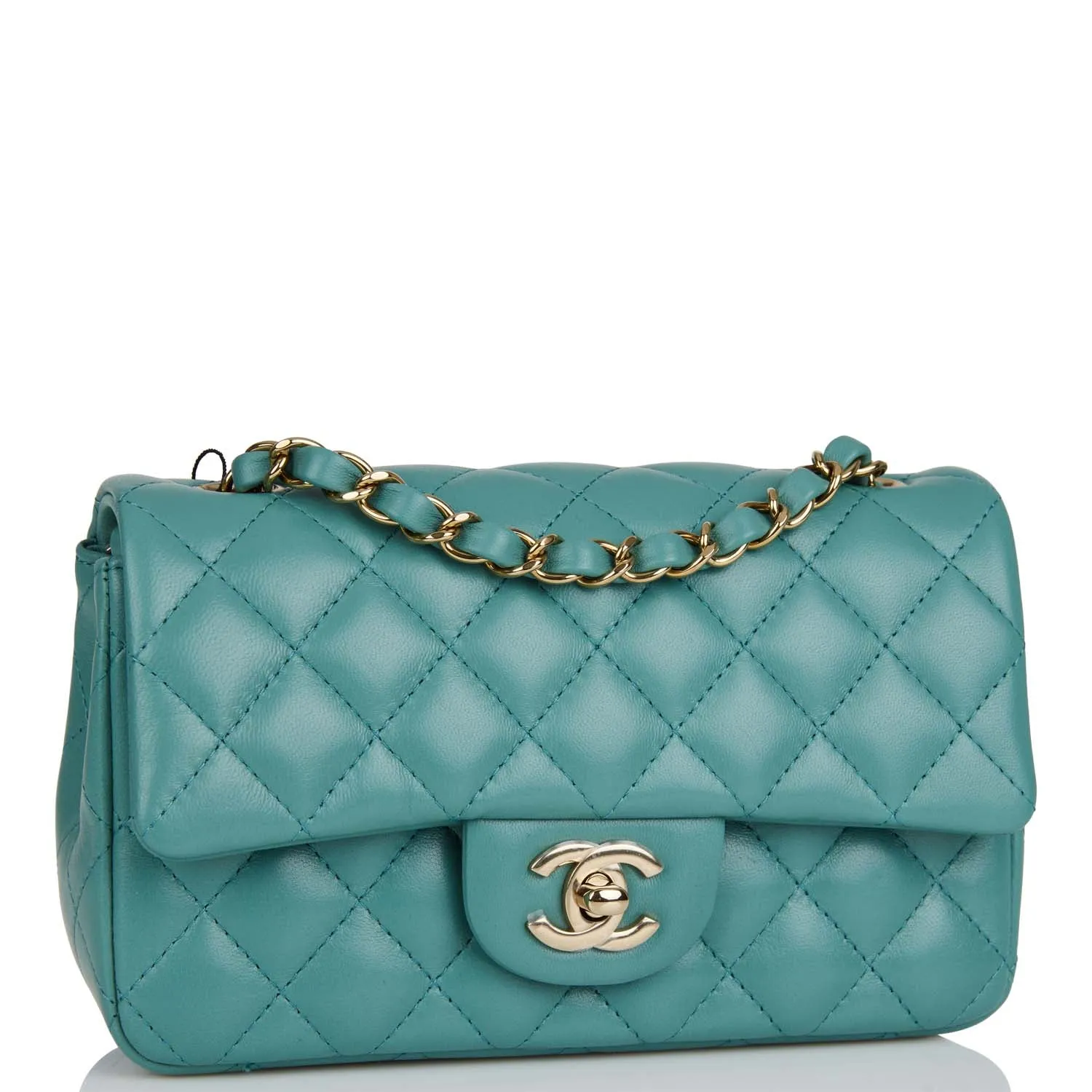 Chanel Mini Rectangular Flap Bag Turquoise Lambskin Light Gold Hardware