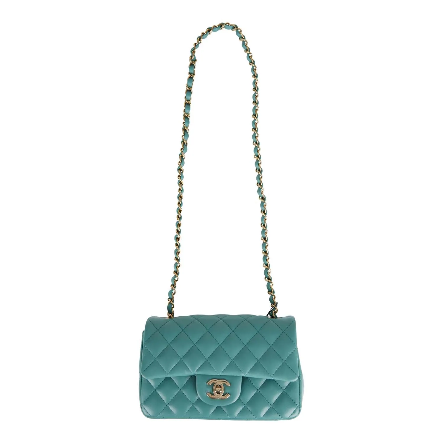 Chanel Mini Rectangular Flap Bag Turquoise Lambskin Light Gold Hardware