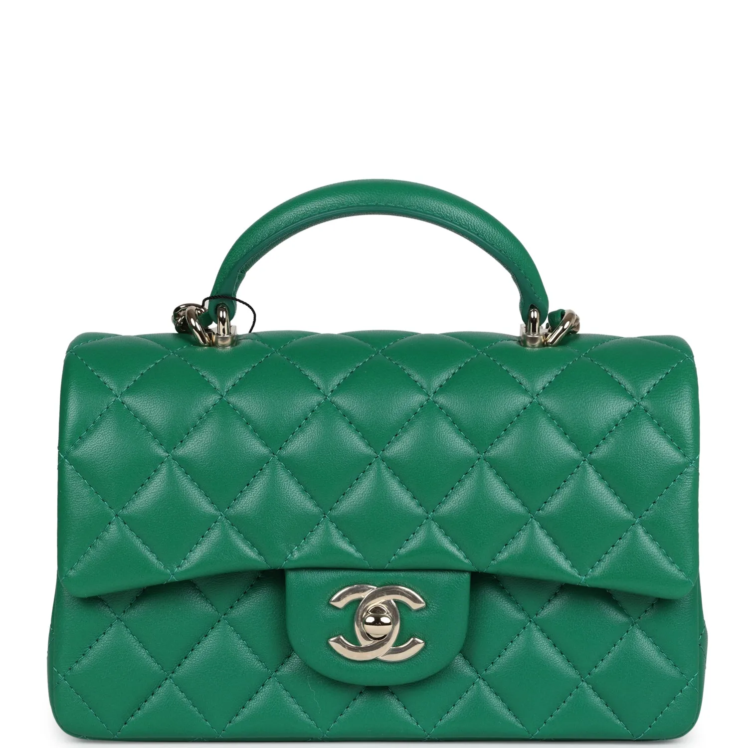 Chanel Mini Rectangular Flap with Top Handle Dark Green Lambskin Light Gold Hardware