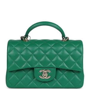 Chanel Mini Rectangular Flap with Top Handle Dark Green Lambskin Light Gold Hardware