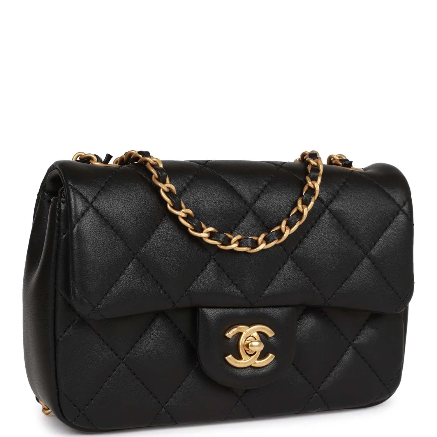 Chanel Mini Rectangular Heart Flap Bag Black Lambskin Aged Gold Hardware