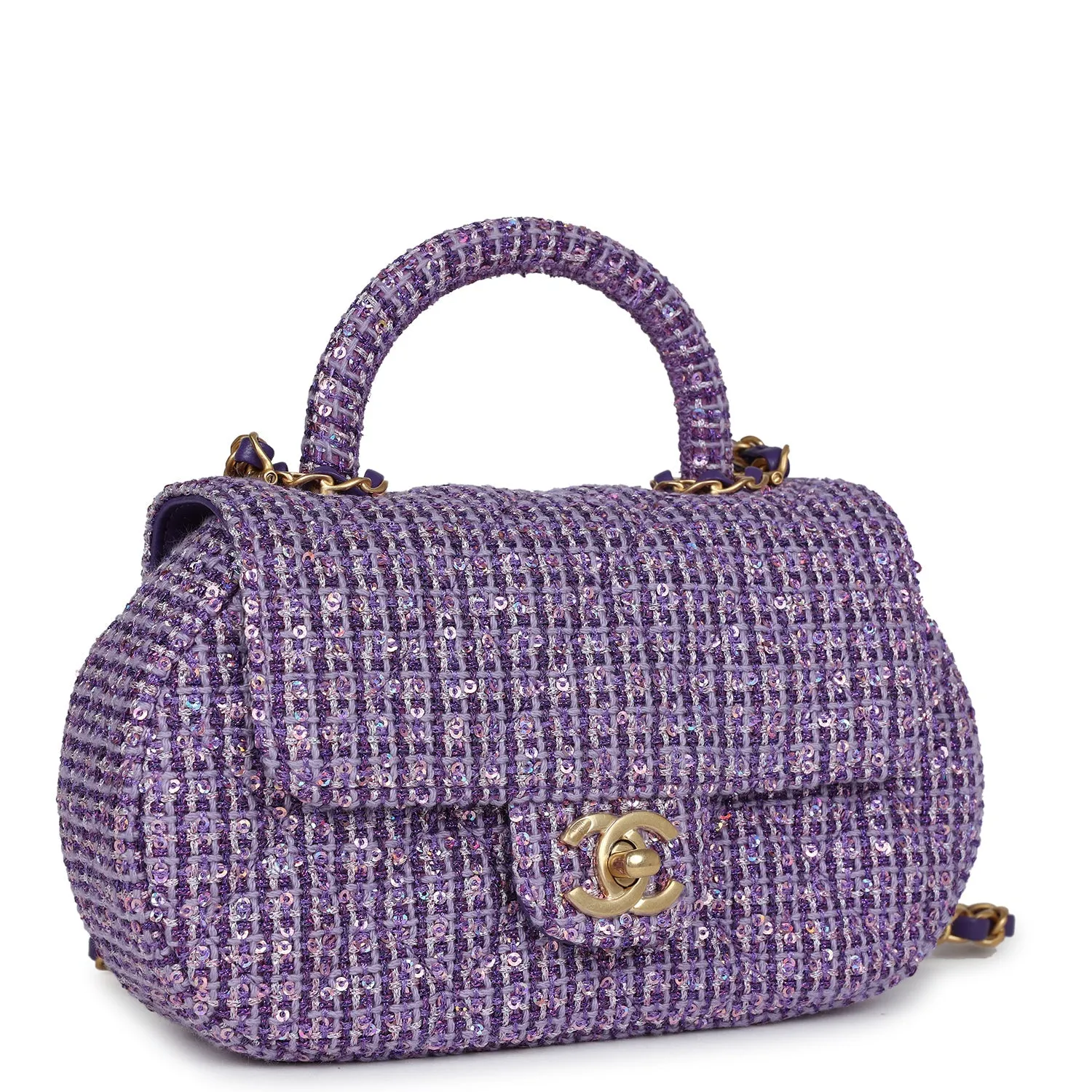 Chanel Mini Sequin Flap Bag with Top Handle Purple Tweed Antique Gold Hardware