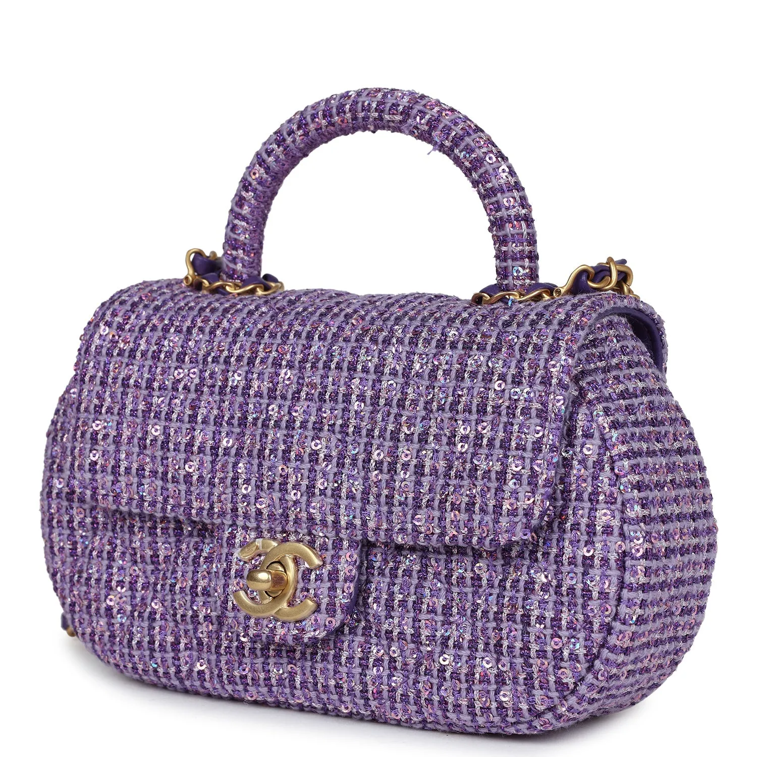 Chanel Mini Sequin Flap Bag with Top Handle Purple Tweed Antique Gold Hardware