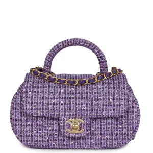 Chanel Mini Sequin Flap Bag with Top Handle Purple Tweed Antique Gold Hardware