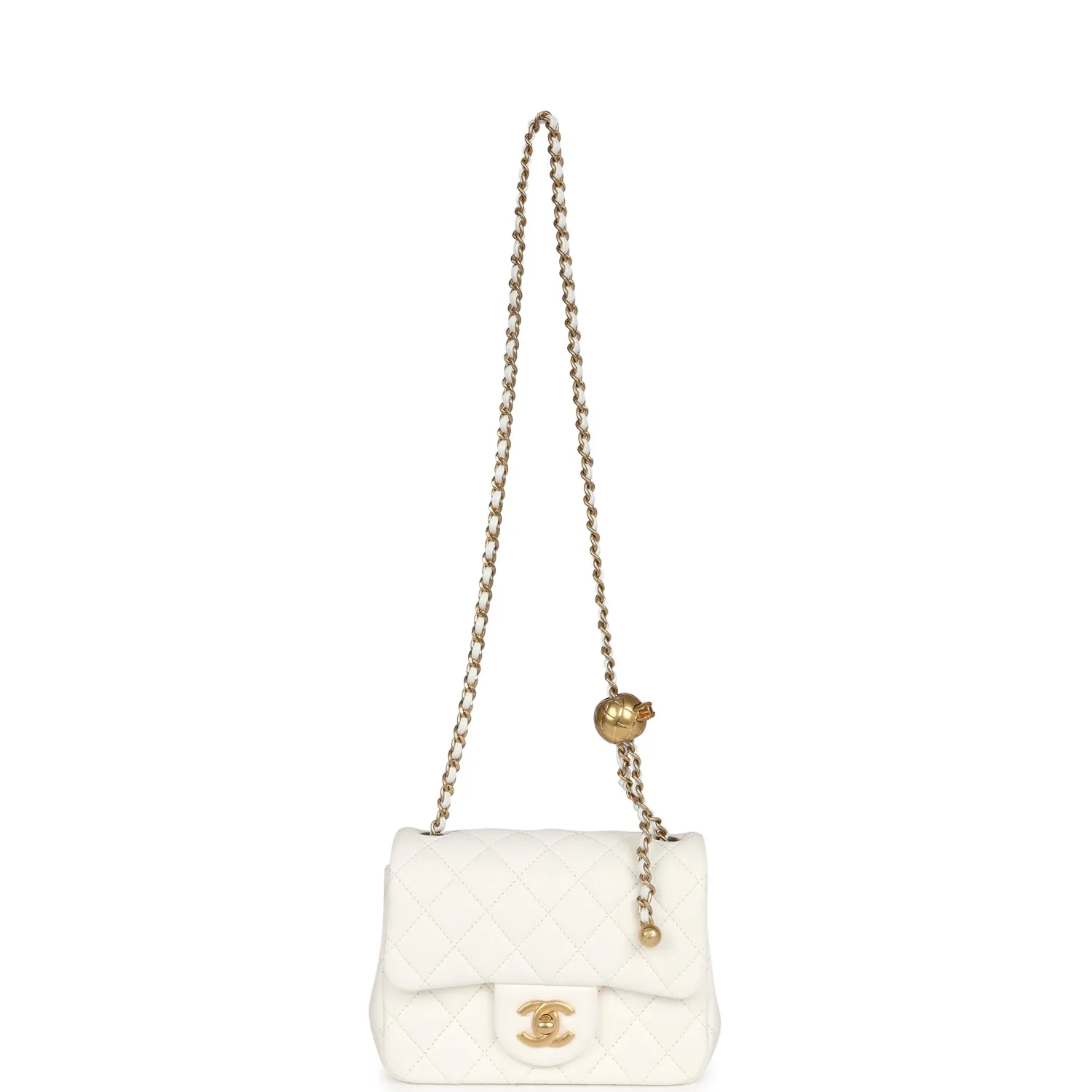 Chanel Mini Square Pearl Crush Flap Bag White Lambskin Antique Gold Hardware