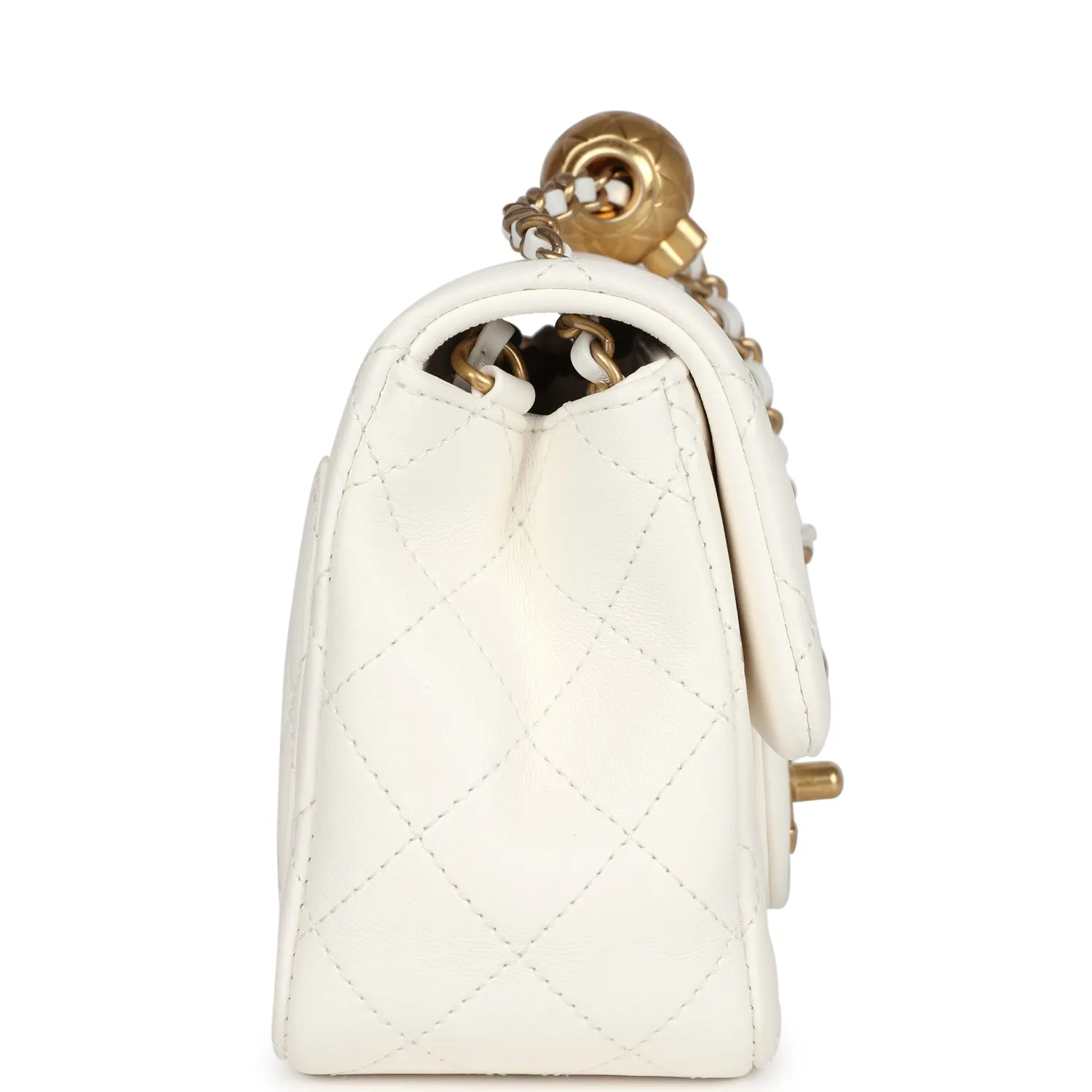 Chanel Mini Square Pearl Crush Flap Bag White Lambskin Antique Gold Hardware