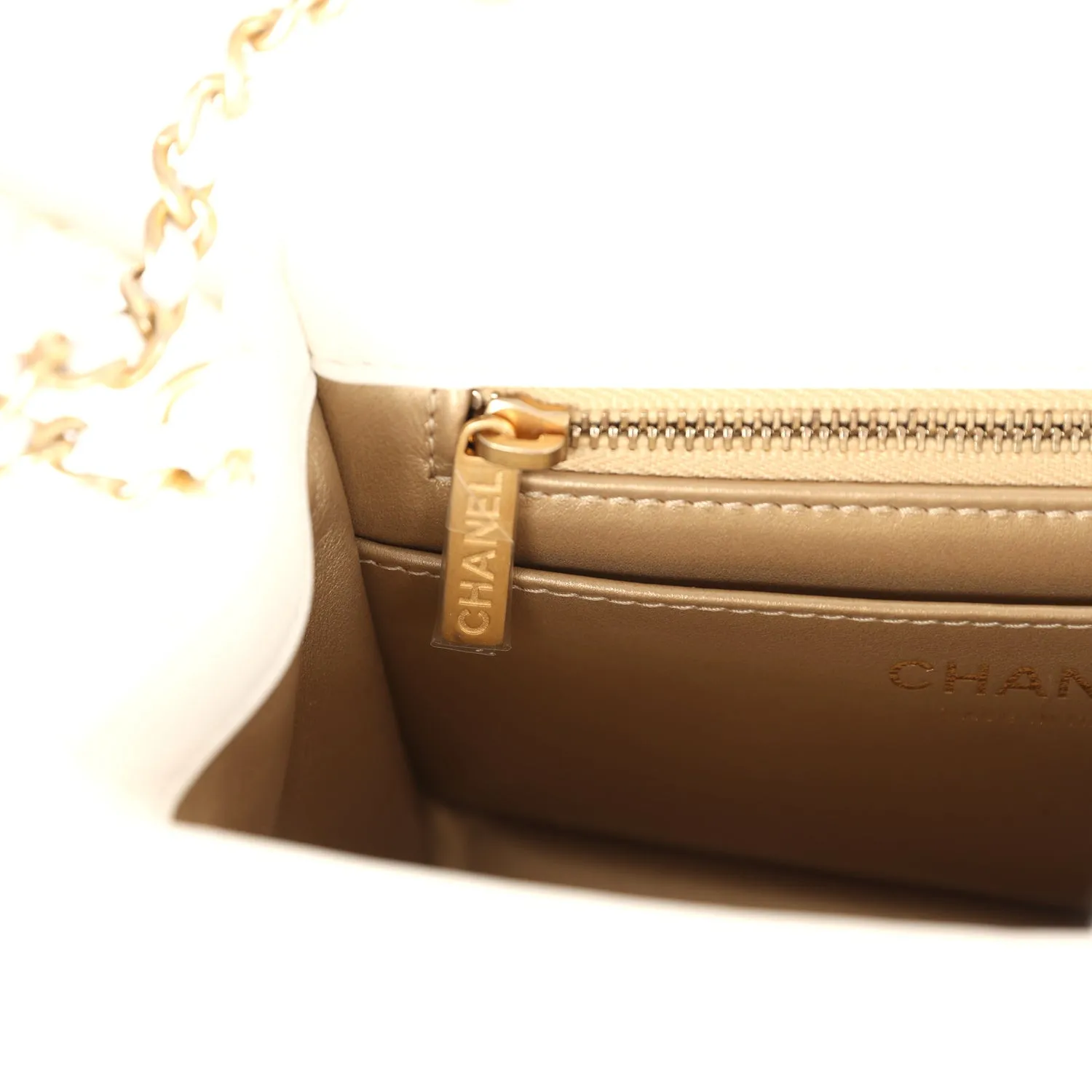 Chanel Mini Square Pearl Crush Flap Bag White Lambskin Antique Gold Hardware