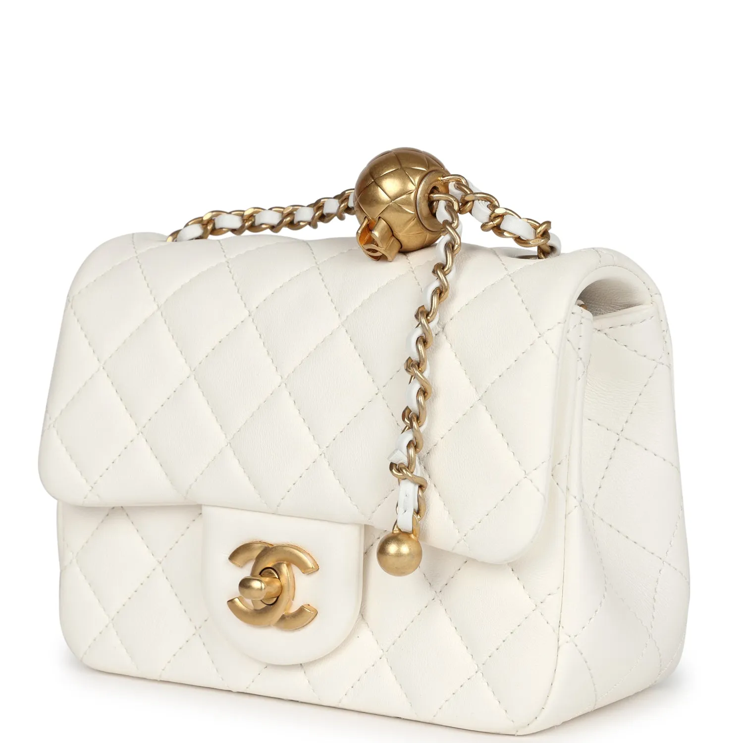 Chanel Mini Square Pearl Crush Flap Bag White Lambskin Antique Gold Hardware