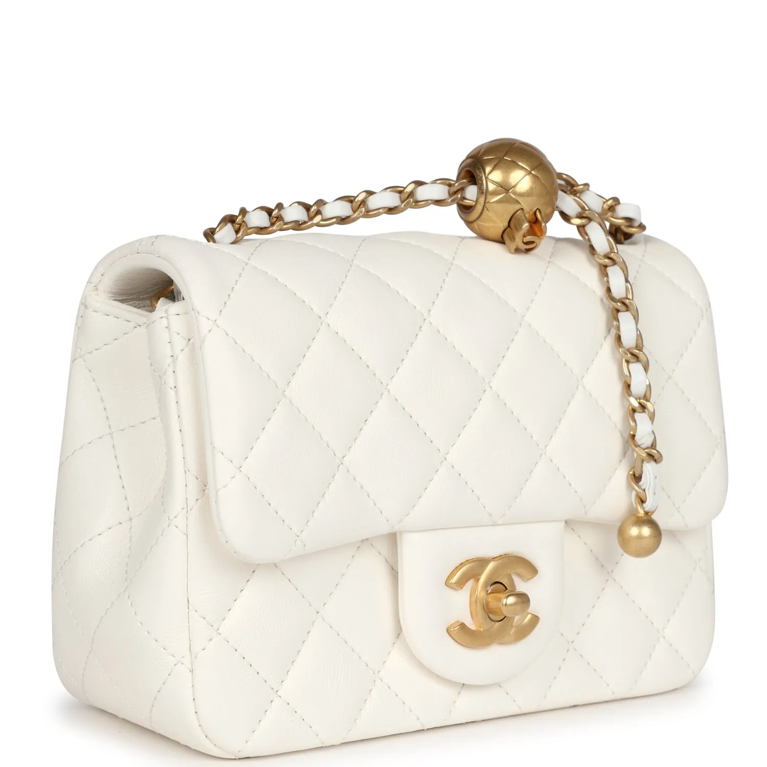 Chanel Mini Square Pearl Crush Flap Bag White Lambskin Antique Gold Hardware