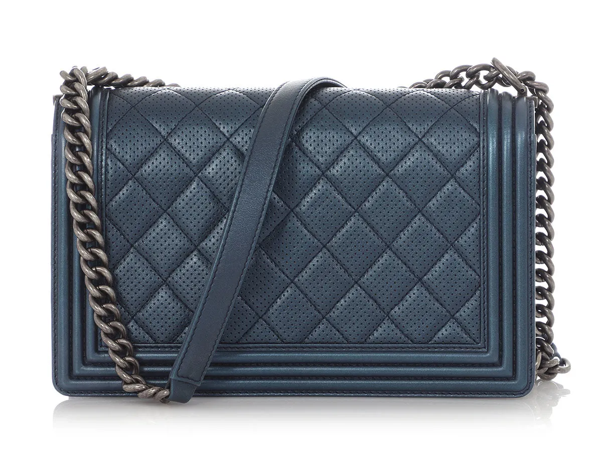 Chanel New Medium Blue Metallic Perforated Quilted Calfskin Boy Bag