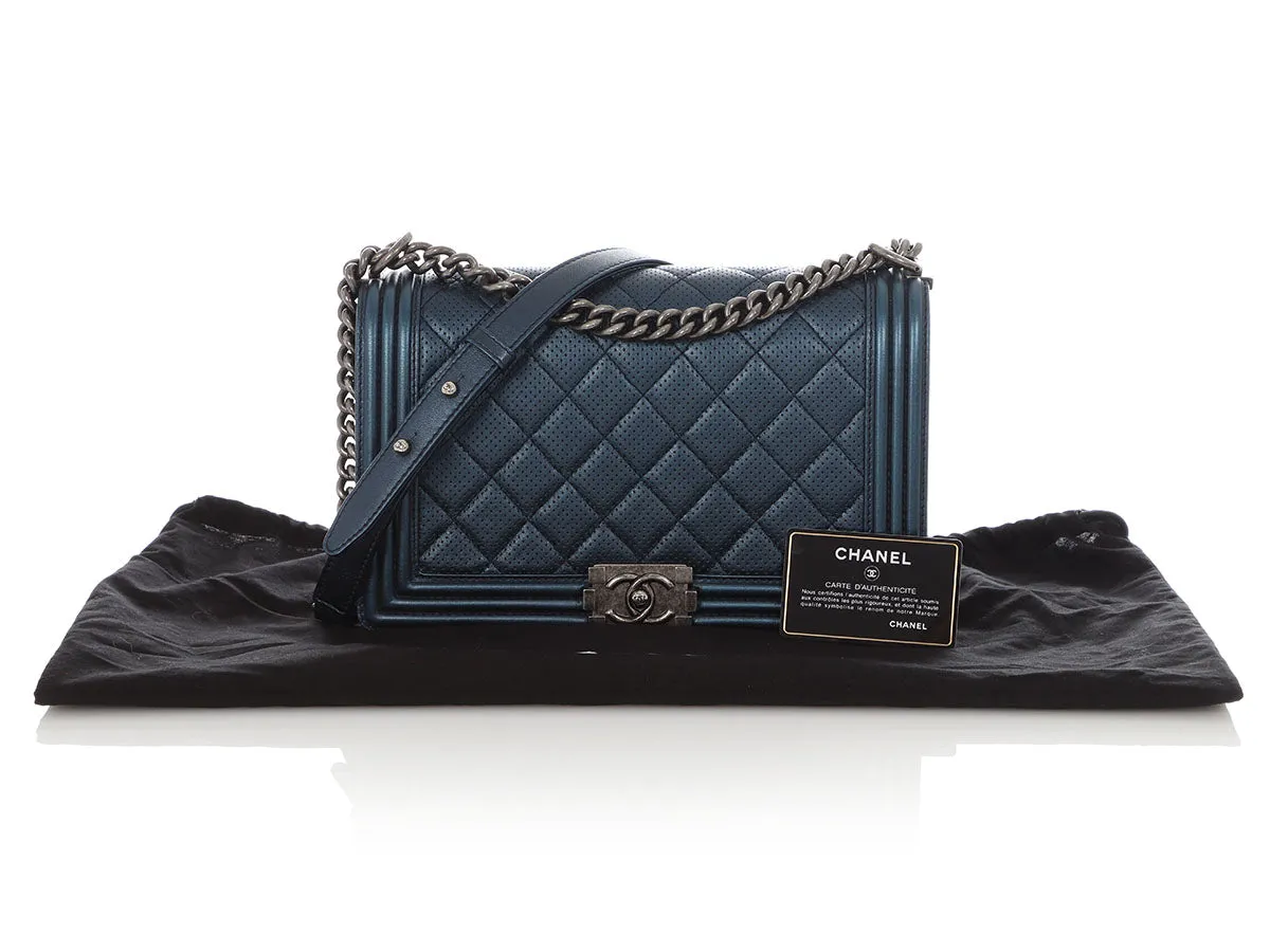 Chanel New Medium Blue Metallic Perforated Quilted Calfskin Boy Bag