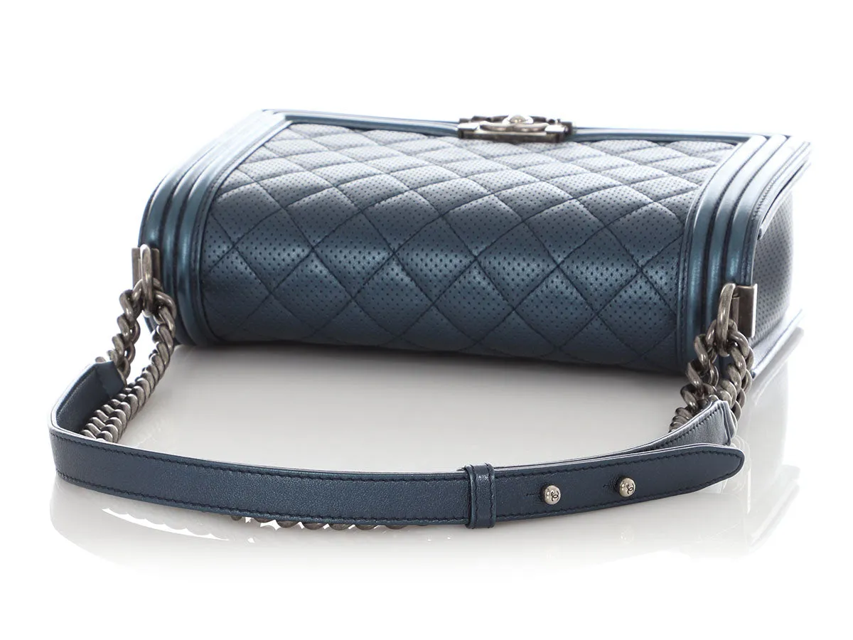 Chanel New Medium Blue Metallic Perforated Quilted Calfskin Boy Bag