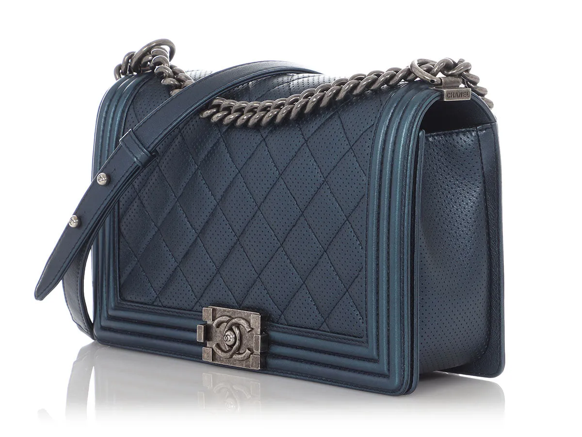 Chanel New Medium Blue Metallic Perforated Quilted Calfskin Boy Bag