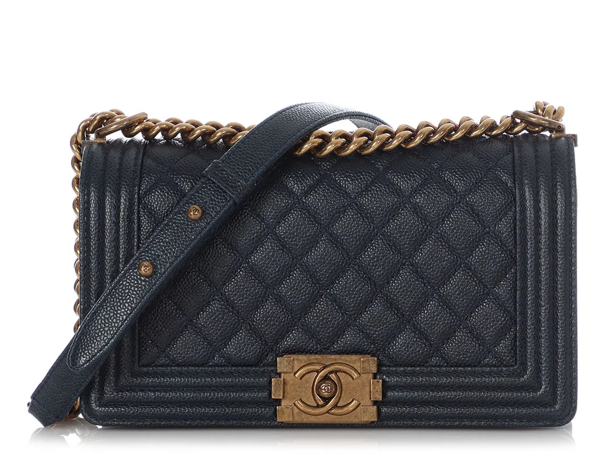 Chanel Old Medium Dark Navy Quilted Caviar Boy