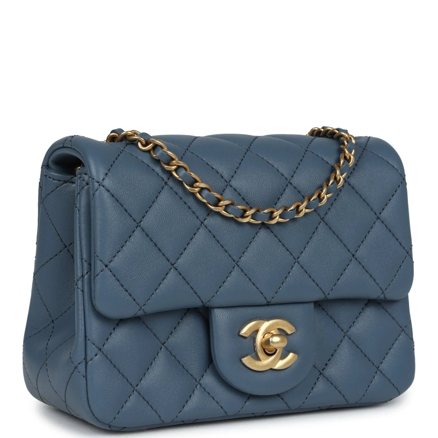 Chanel Pearl Crush Mini Square Flap Bag Blue Lambskin Antique Gold Hardware