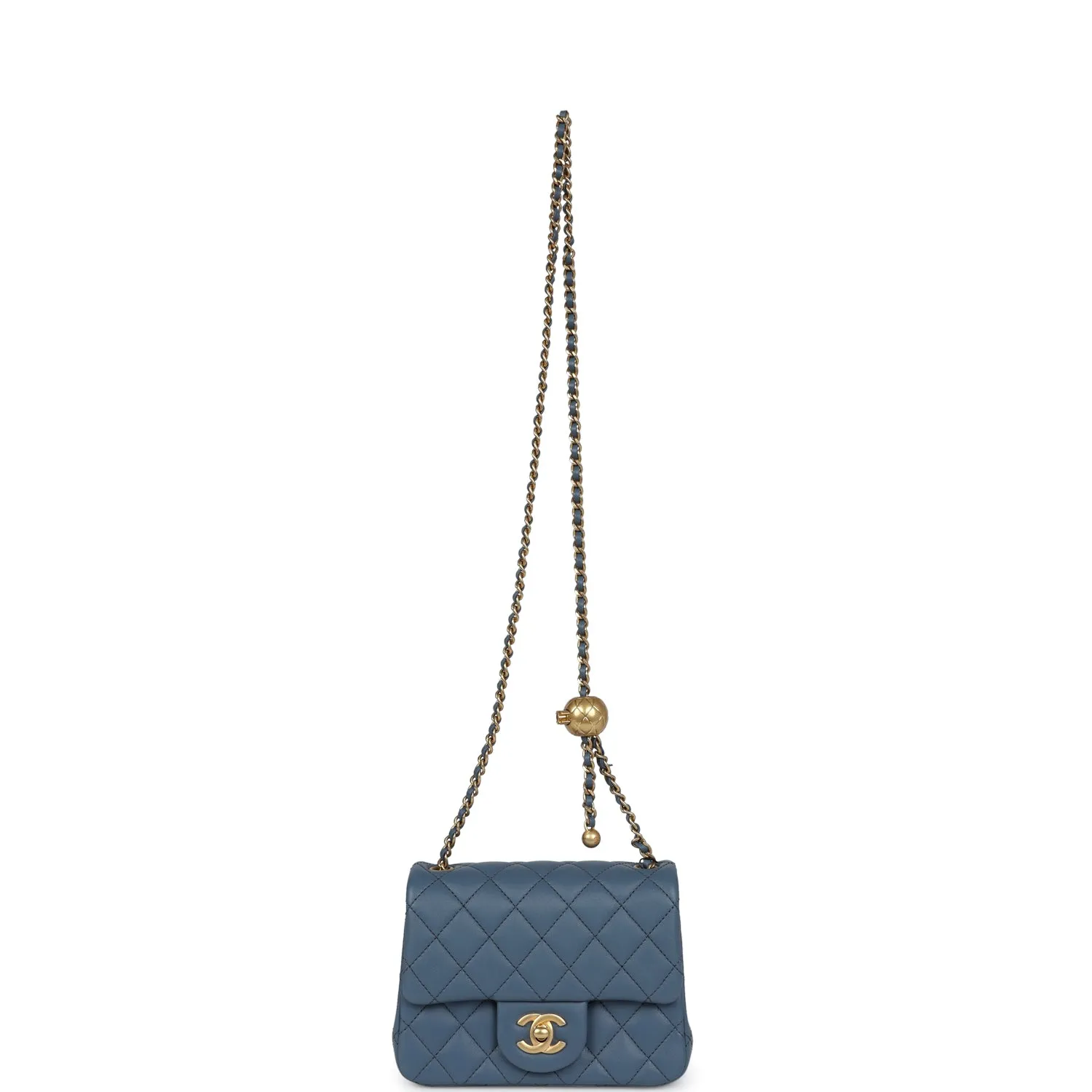 Chanel Pearl Crush Mini Square Flap Bag Blue Lambskin Antique Gold Hardware