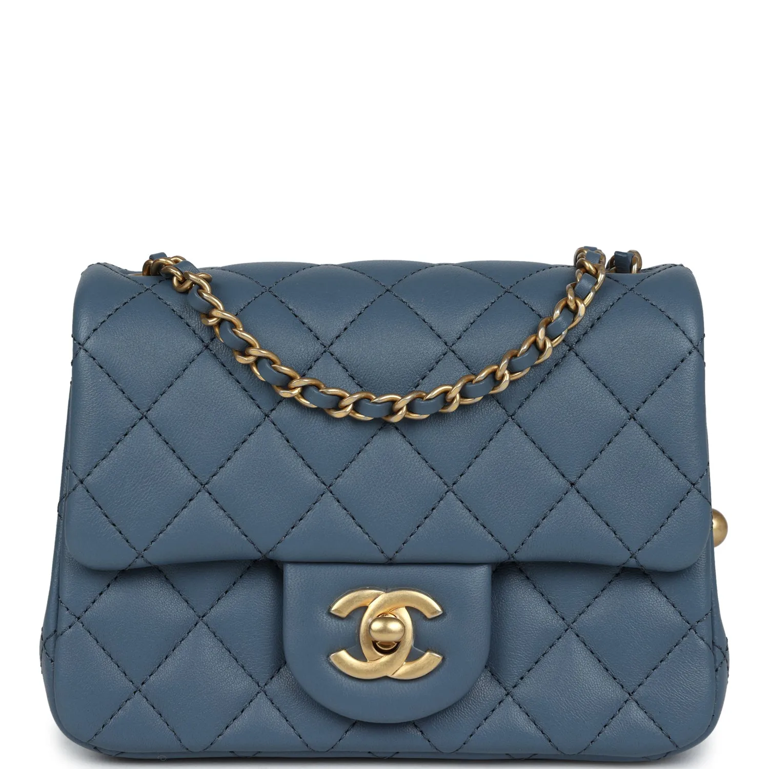 Chanel Pearl Crush Mini Square Flap Bag Blue Lambskin Antique Gold Hardware