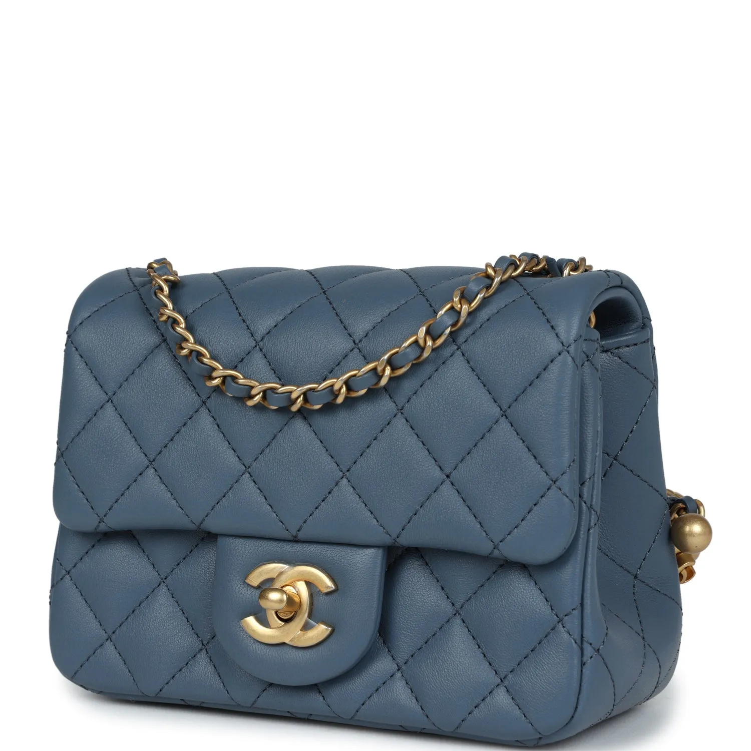 Chanel Pearl Crush Mini Square Flap Bag Blue Lambskin Antique Gold Hardware