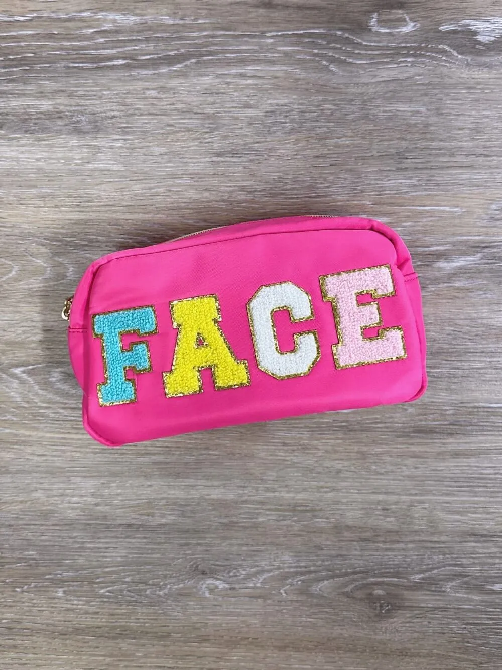 Chenille Letter FACE Zip Up Pink Cosmetic Bag