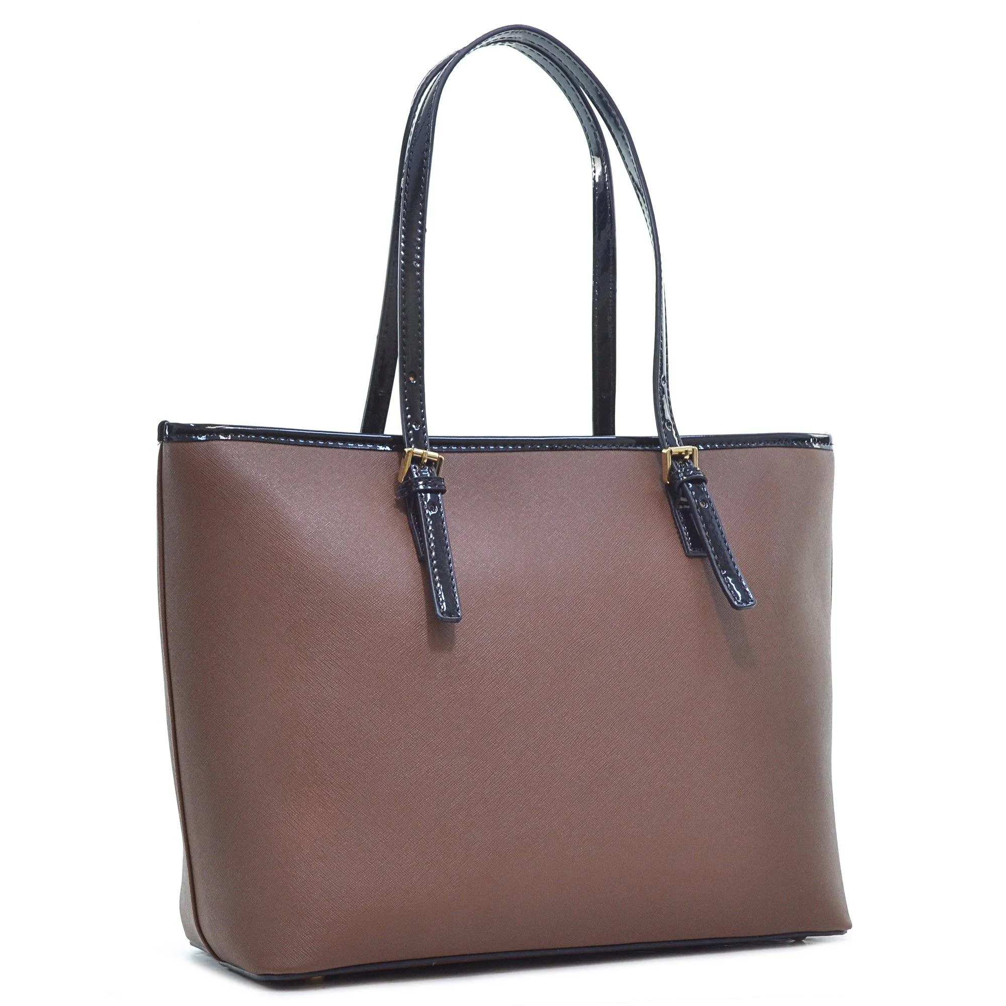 Dasein Saffiano Leather Patent Trim Tote Bag