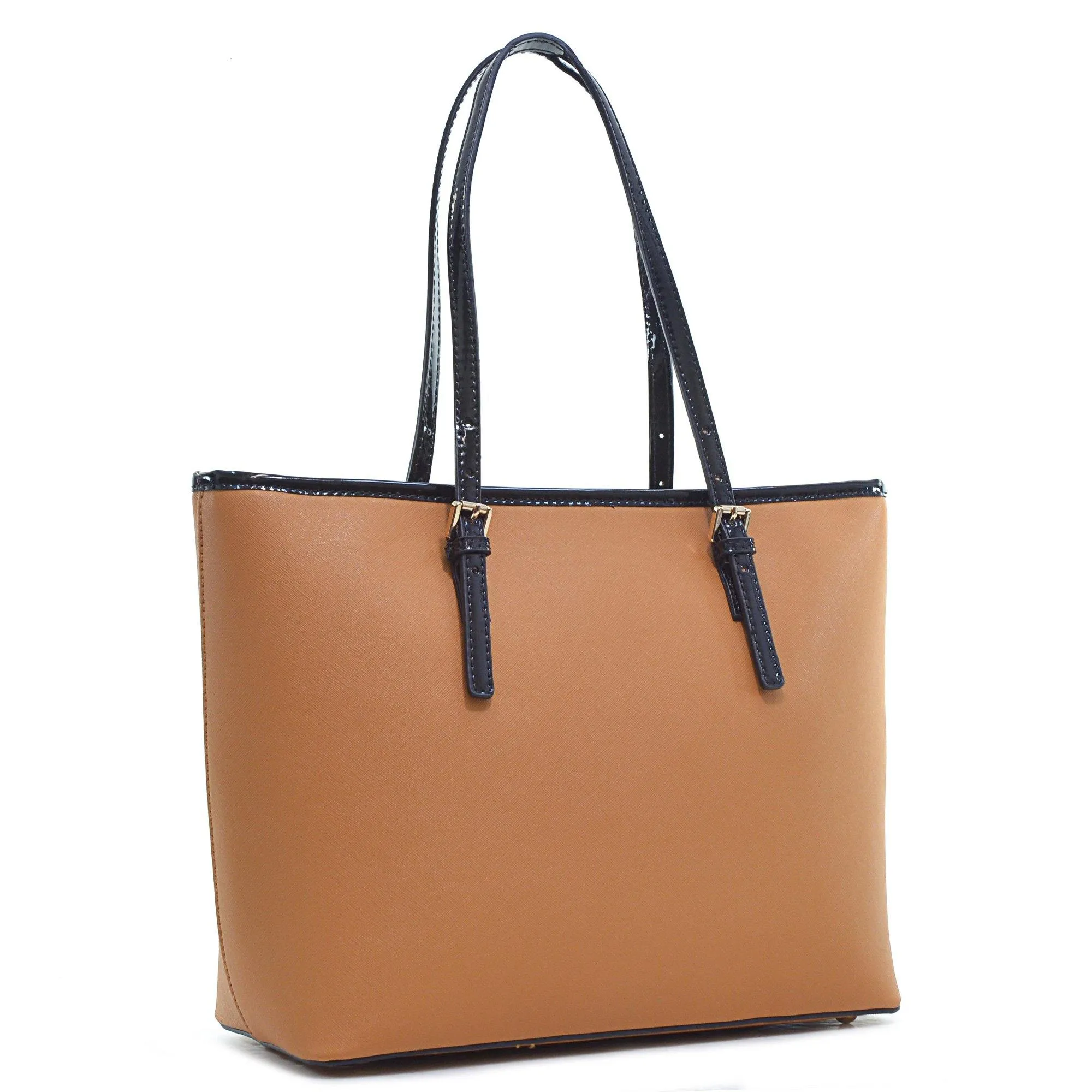 Dasein Saffiano Leather Patent Trim Tote Bag