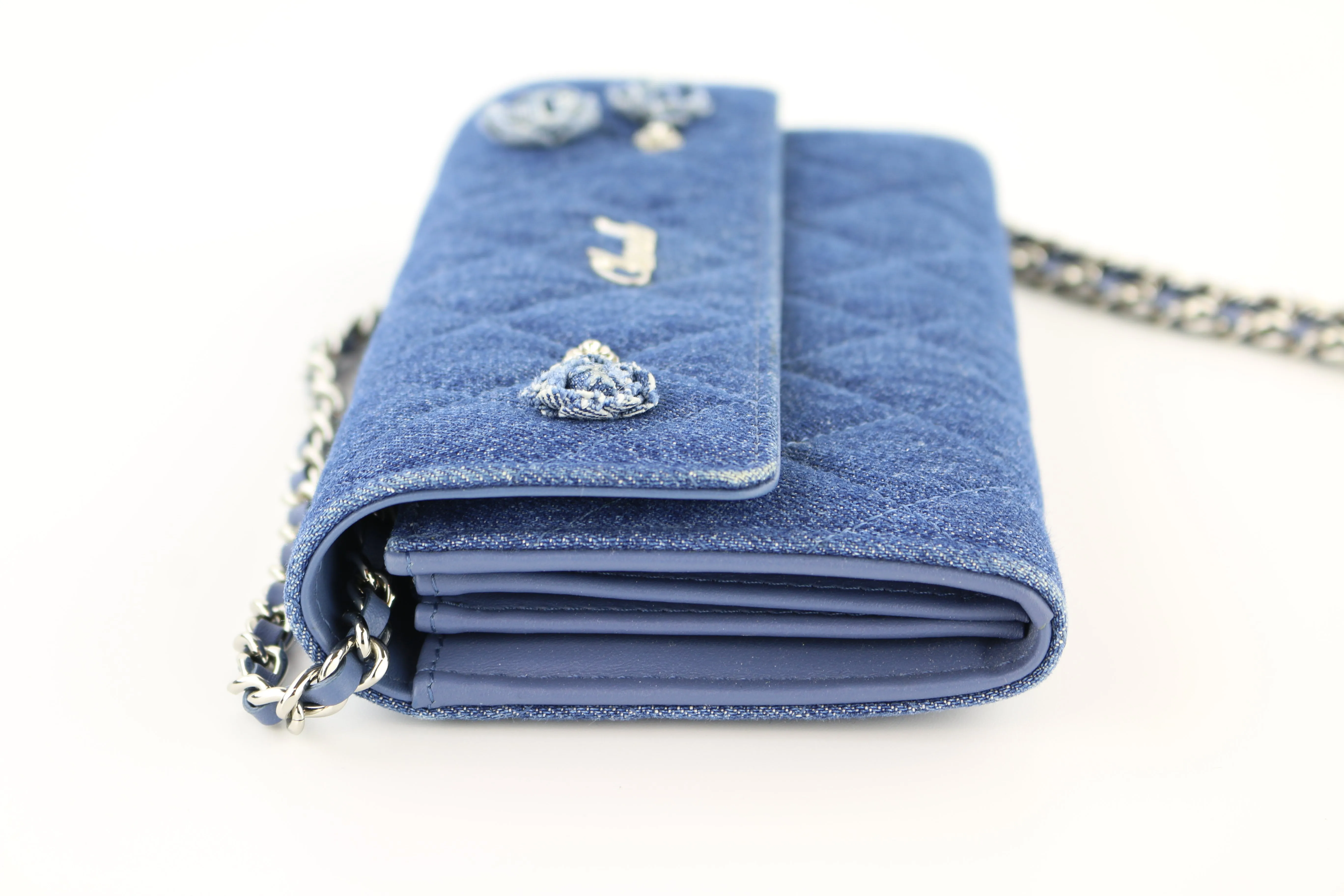 Denim Camellia Charms Clutch on a Chain