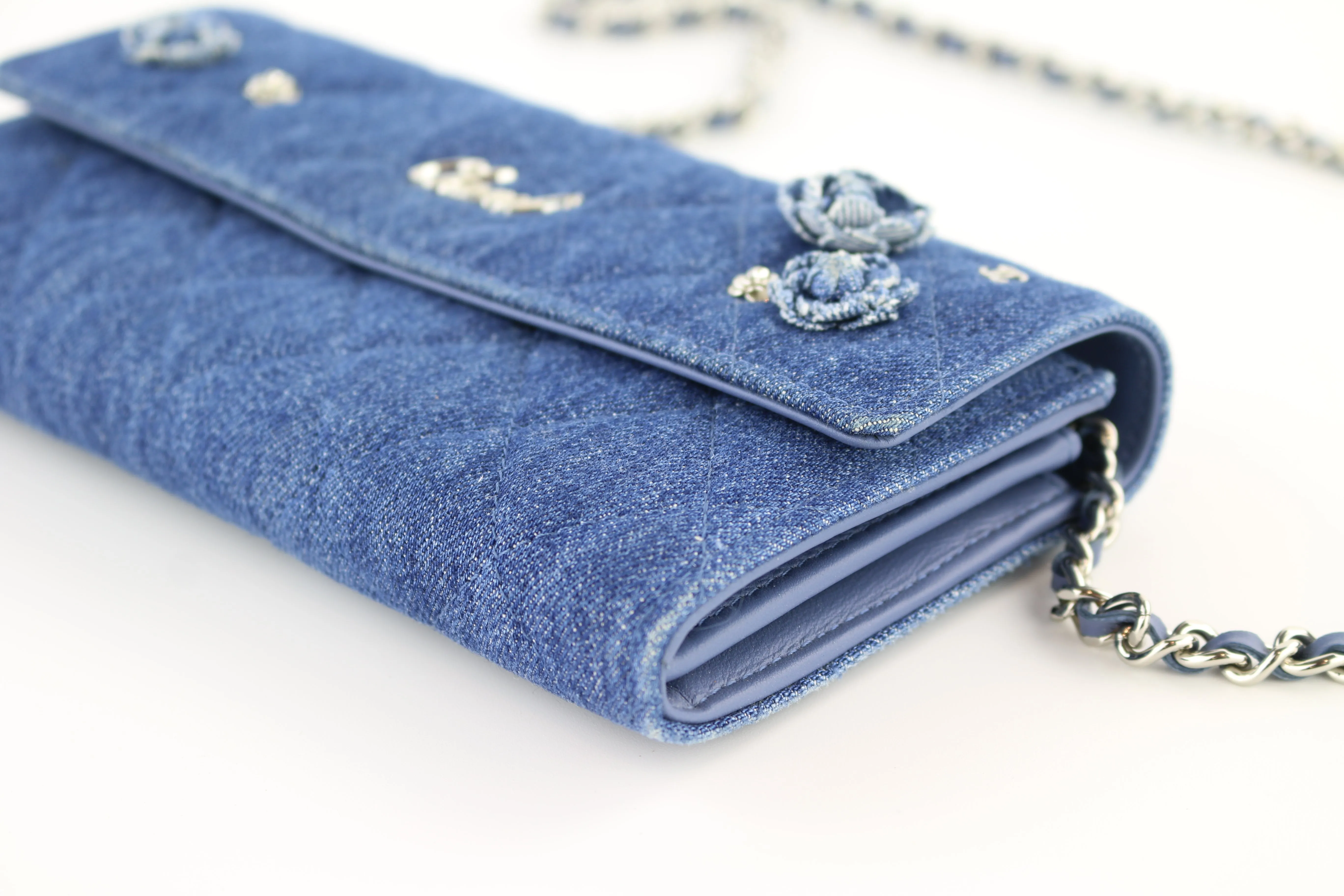 Denim Camellia Charms Clutch on a Chain