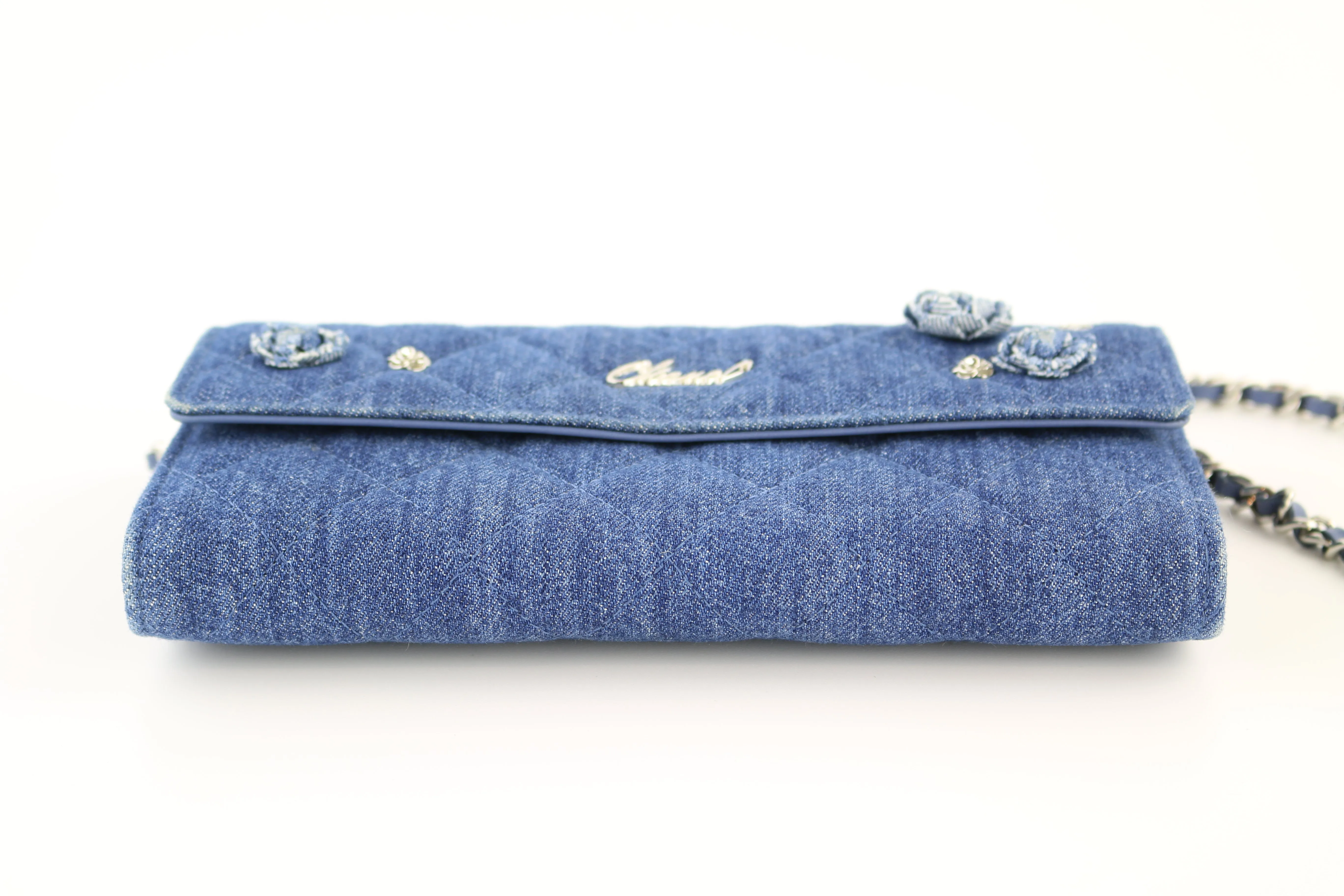 Denim Camellia Charms Clutch on a Chain