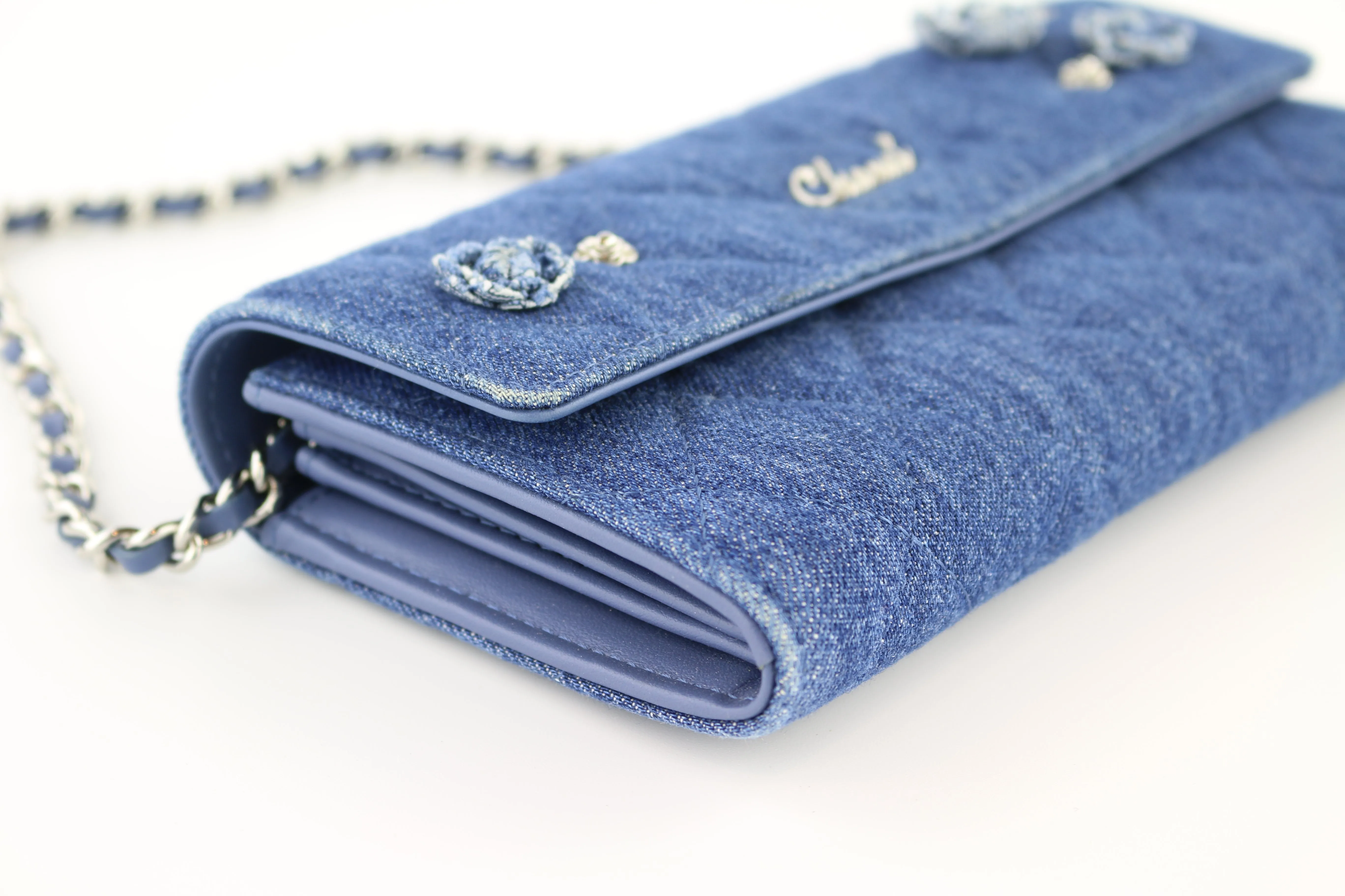 Denim Camellia Charms Clutch on a Chain