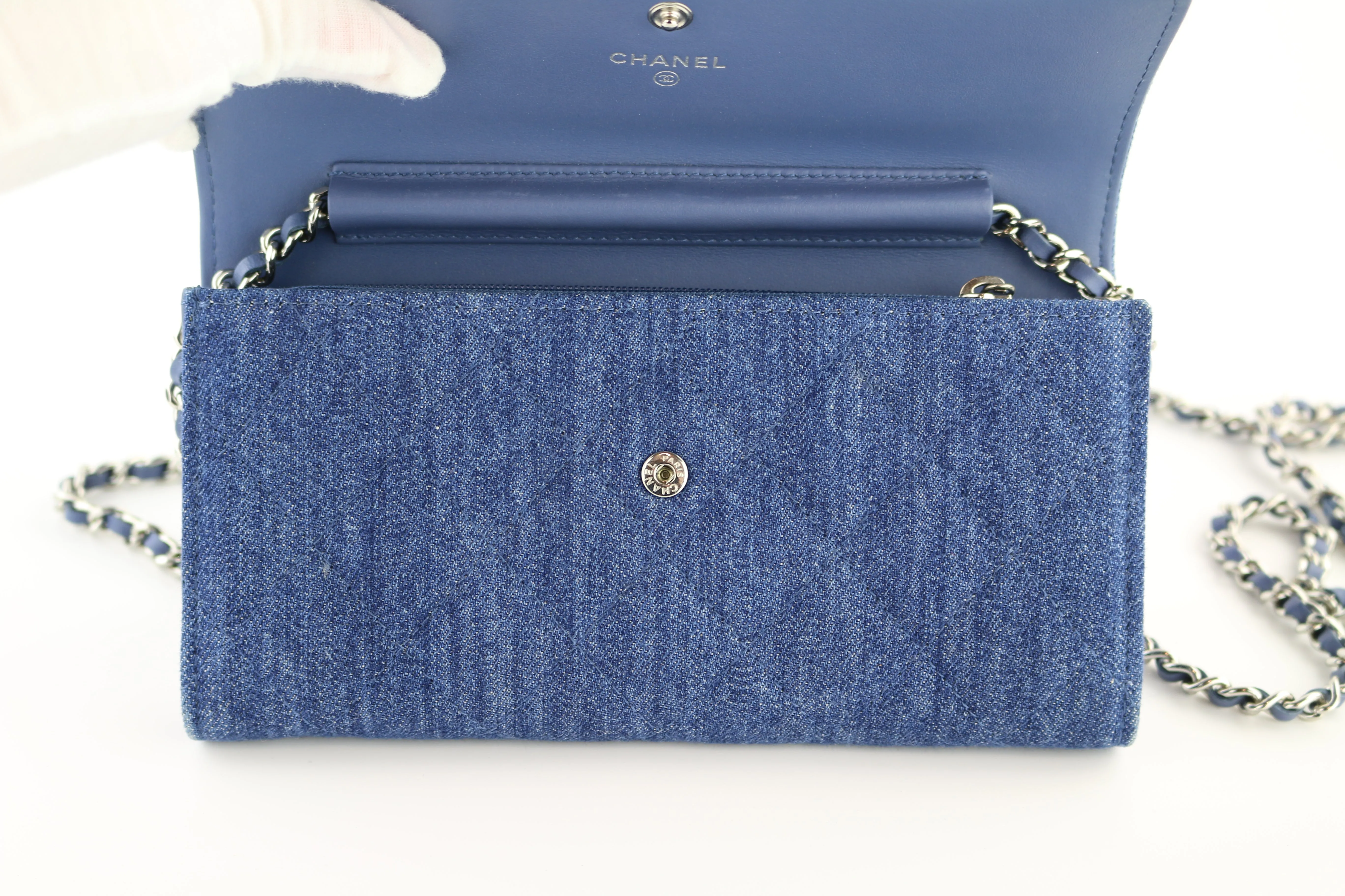 Denim Camellia Charms Clutch on a Chain