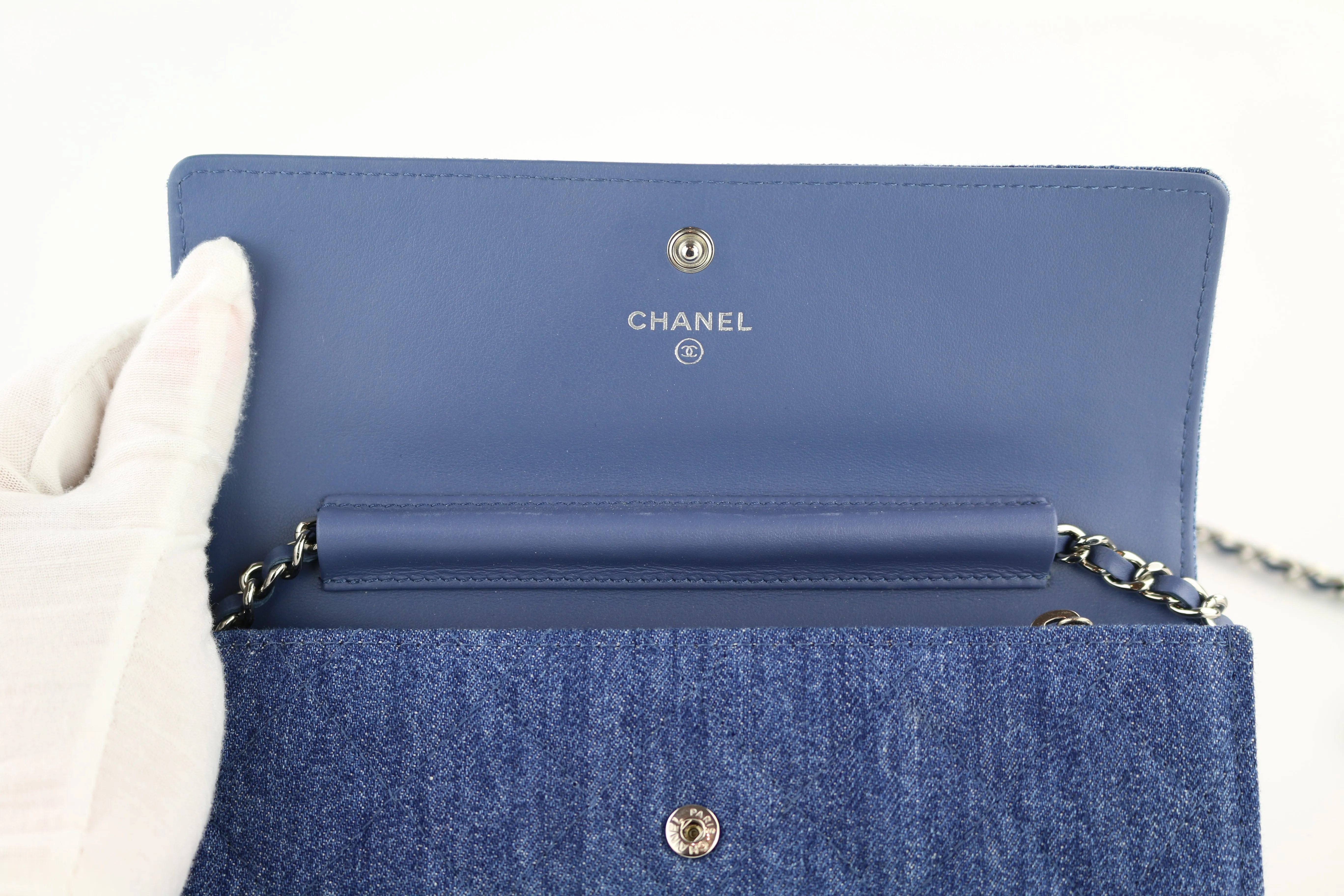 Denim Camellia Charms Clutch on a Chain